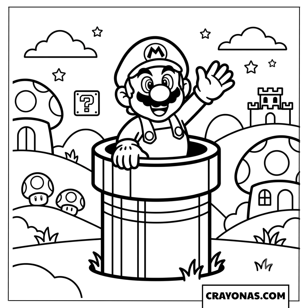 Mario Waving From Green Warp Pipe Coloring Page