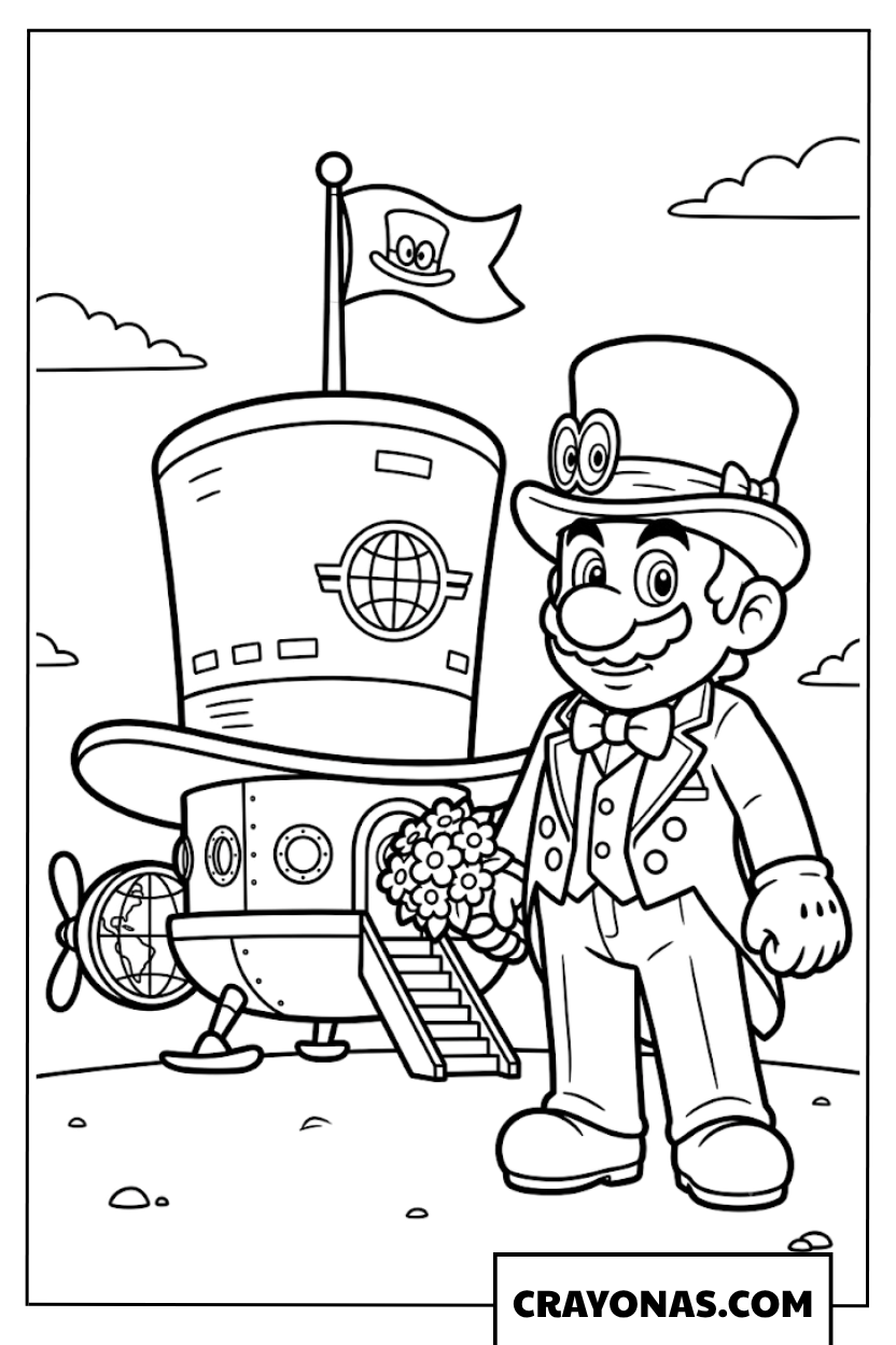 Mario Wearing Wedding Tuxedo Next To Odyssey Ship Coloring Page