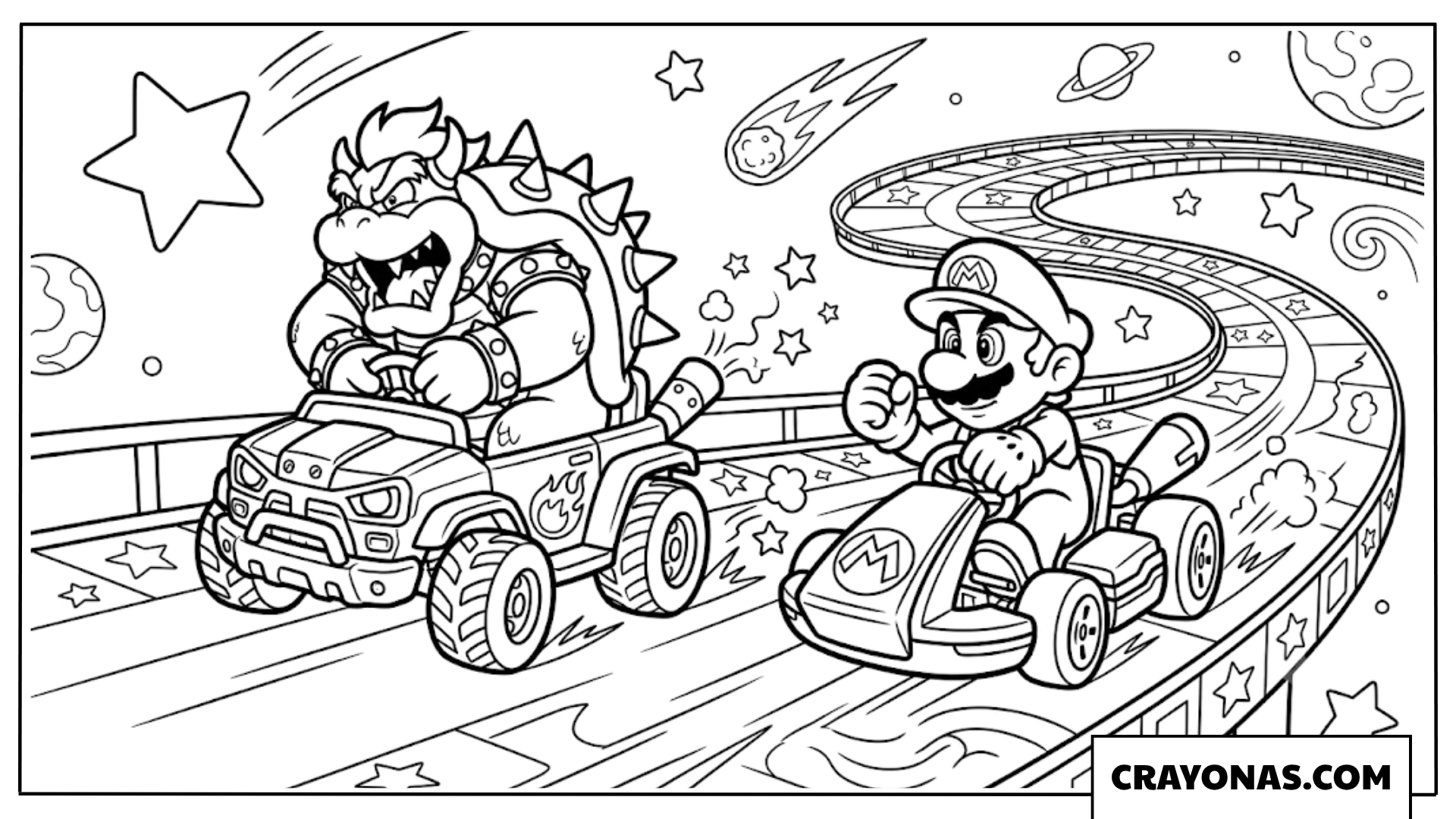 Mario and Bowser Mario Kart Rainbow Track Coloring Page