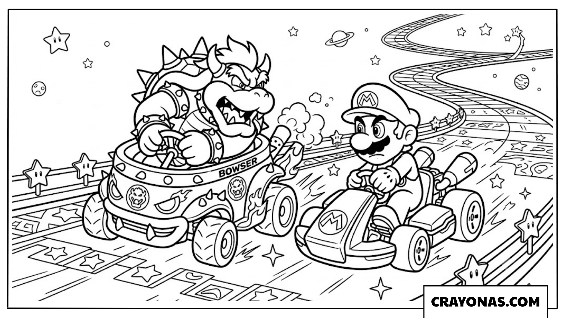 Mario and Bowser Racing on Rainbow Road Coloring Page