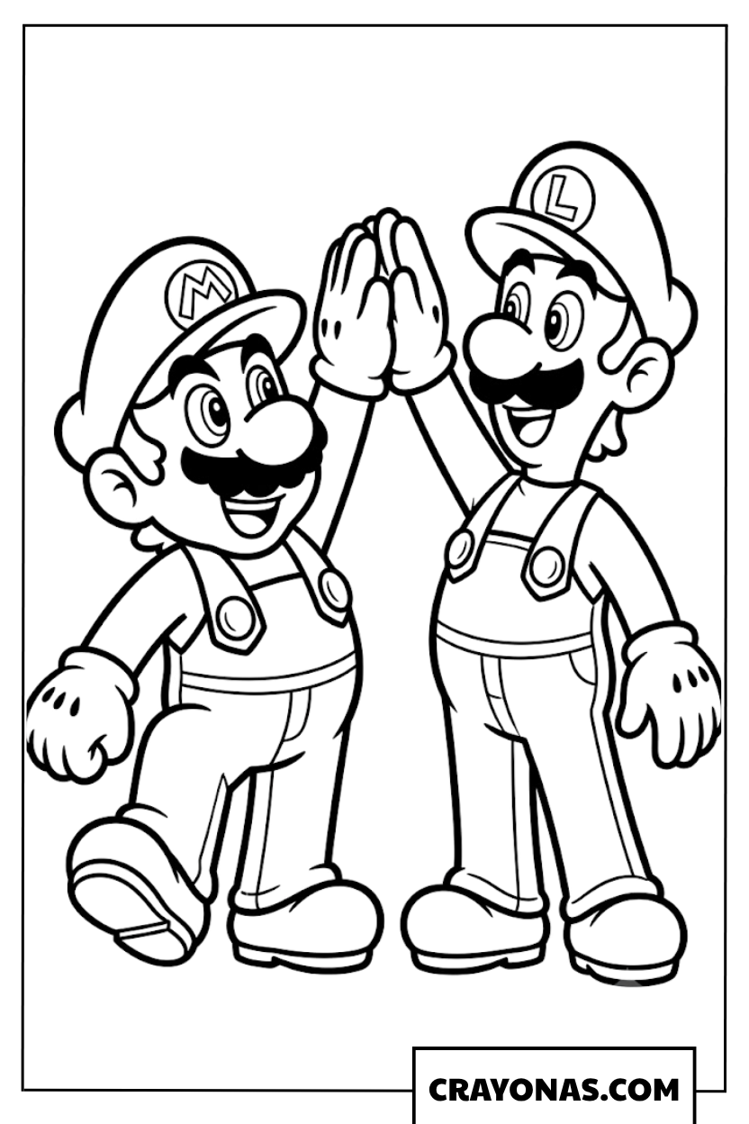 Mario and Luigi Giving High Five Celebration Coloring Page