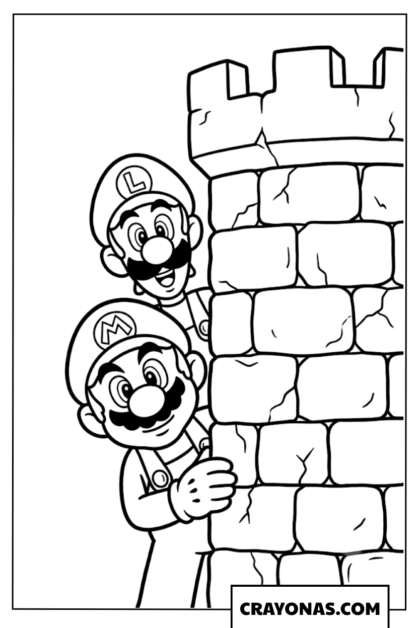 Mario and Luigi Peeking Behind Brick Castle Coloring Page