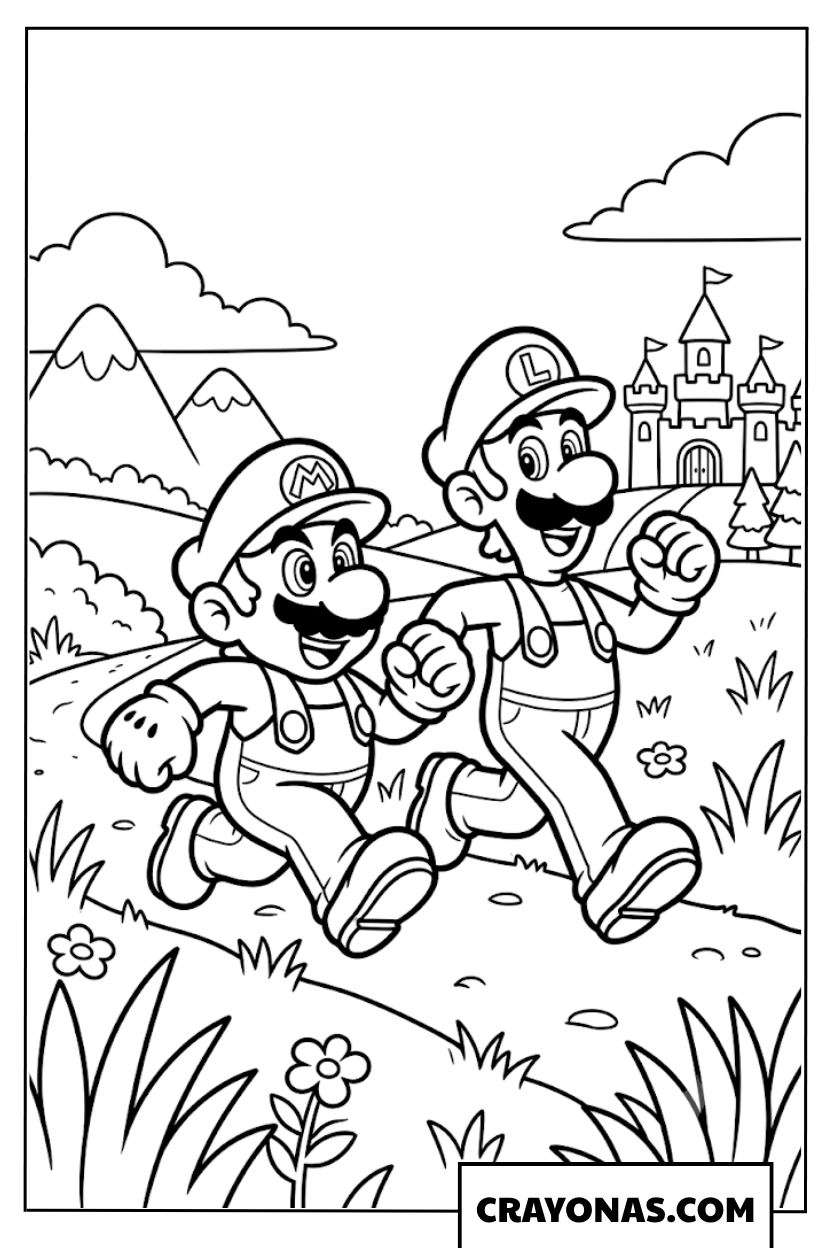 Mario and Luigi Running Near Peach Castle Coloring Page