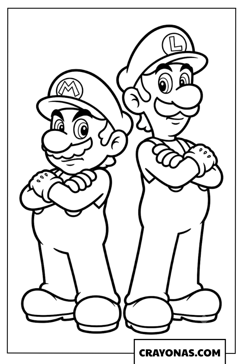 Mario and Luigi Standing Back to Back Coloring Page