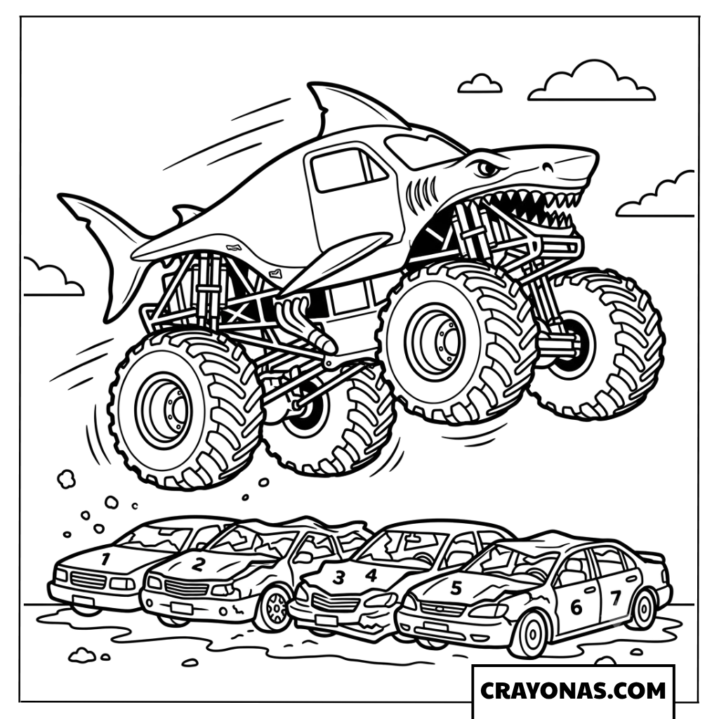 Megalodon Shark Monster Truck Jumping Over Cars Coloring Page