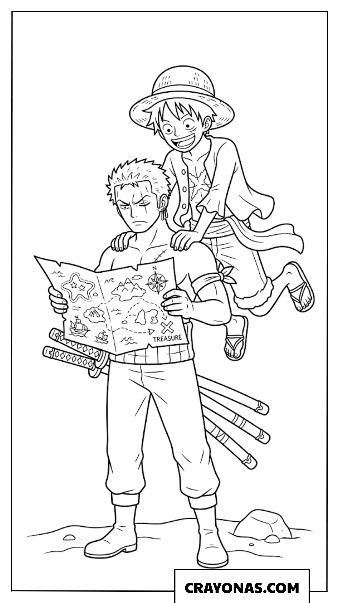 Monkey D Luffy Riding on Roronoa Zoro Shoulders Map Coloring Page