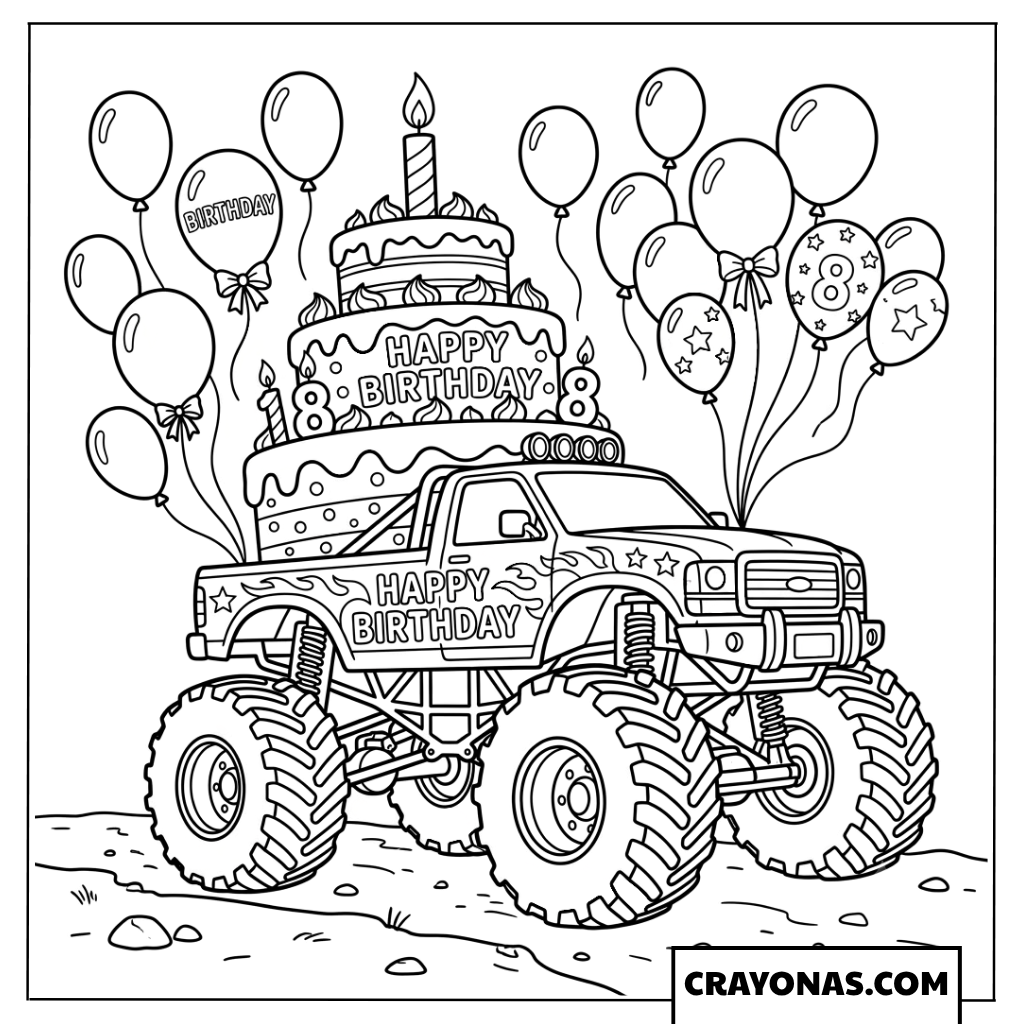 Monster Truck Birthday Cake and Balloons Coloring Page