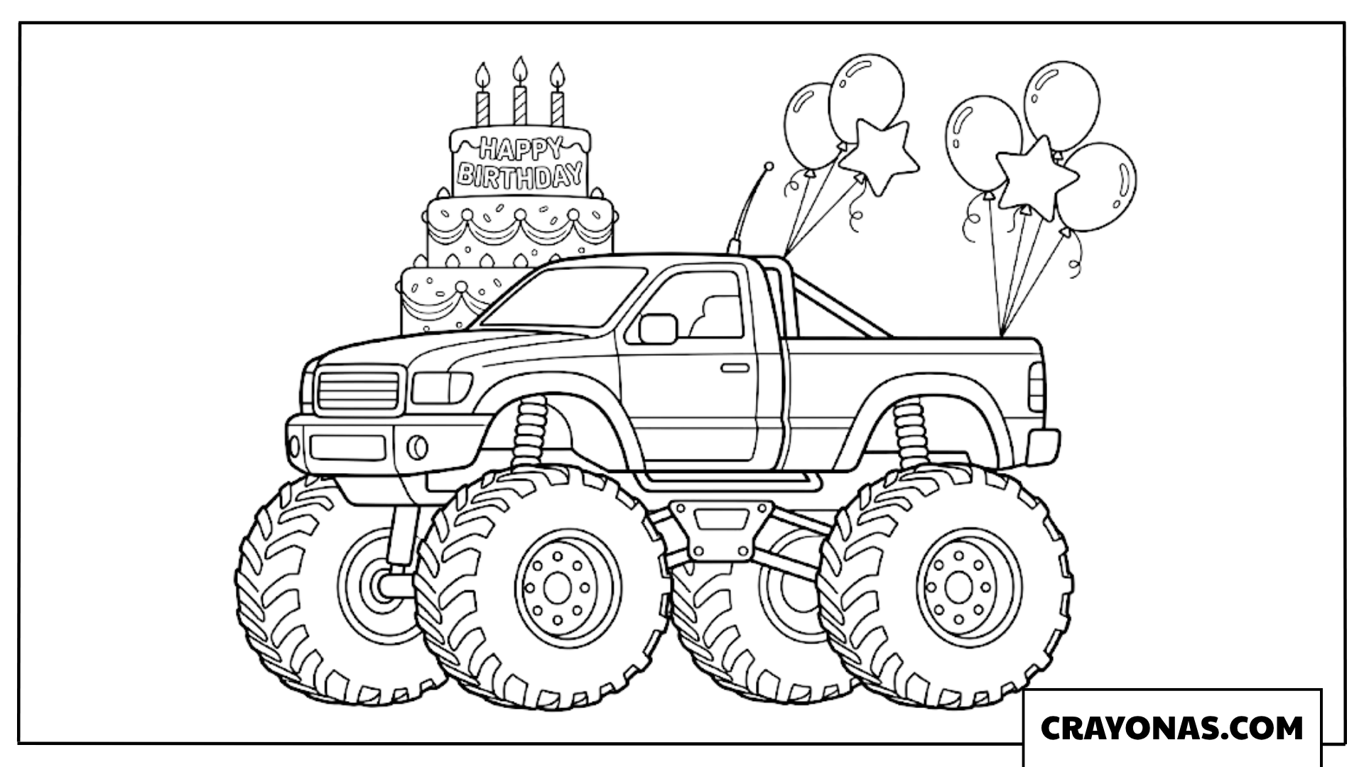 Monster Truck Birthday Cake and Balloons Coloring Page