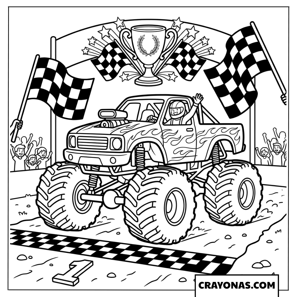 Monster Truck Champion Celebrating with Racing Flags Coloring Page