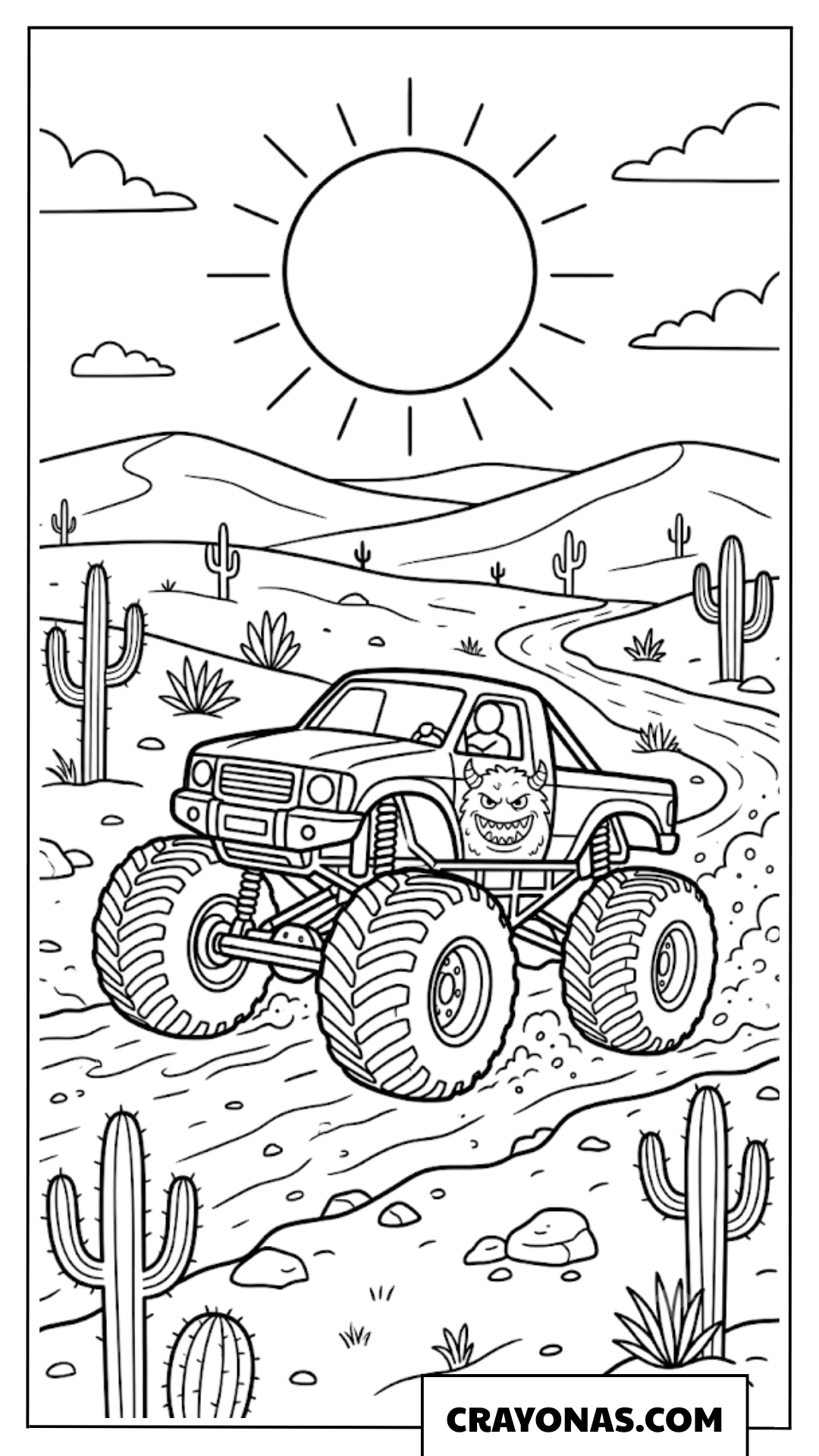 Monster Truck Driving Through Desert Cactus Landscape Coloring Page