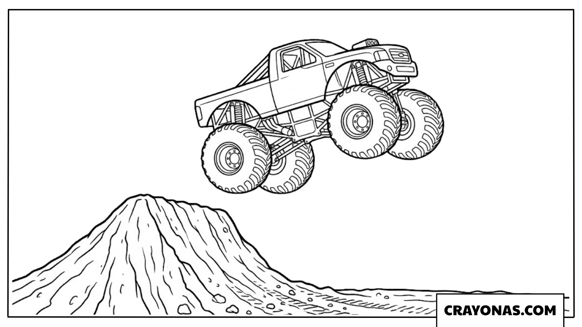 Monster Truck Jumping High Over Mountain Coloring Page