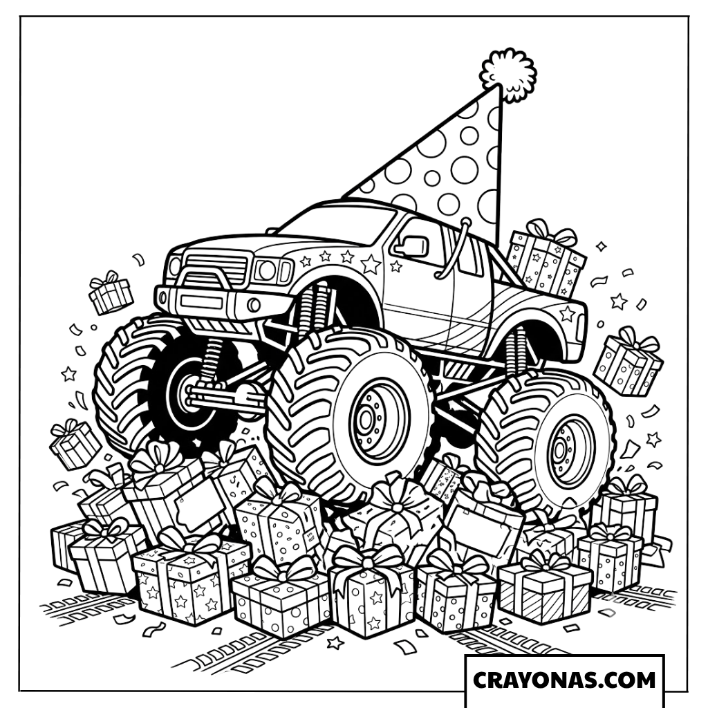 Monster Truck Party Hat with Falling Gifts Coloring Page