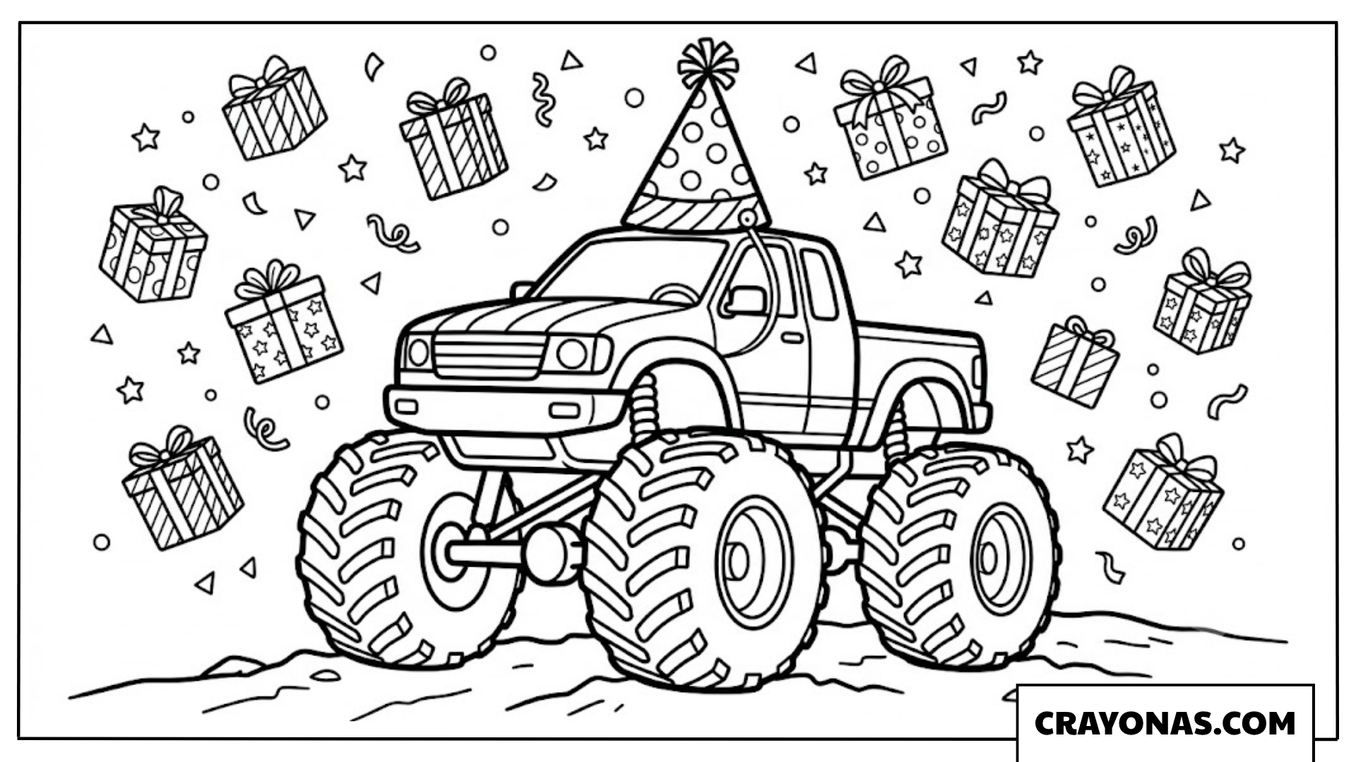 Monster Truck Party Hat with Falling Gifts Coloring Page