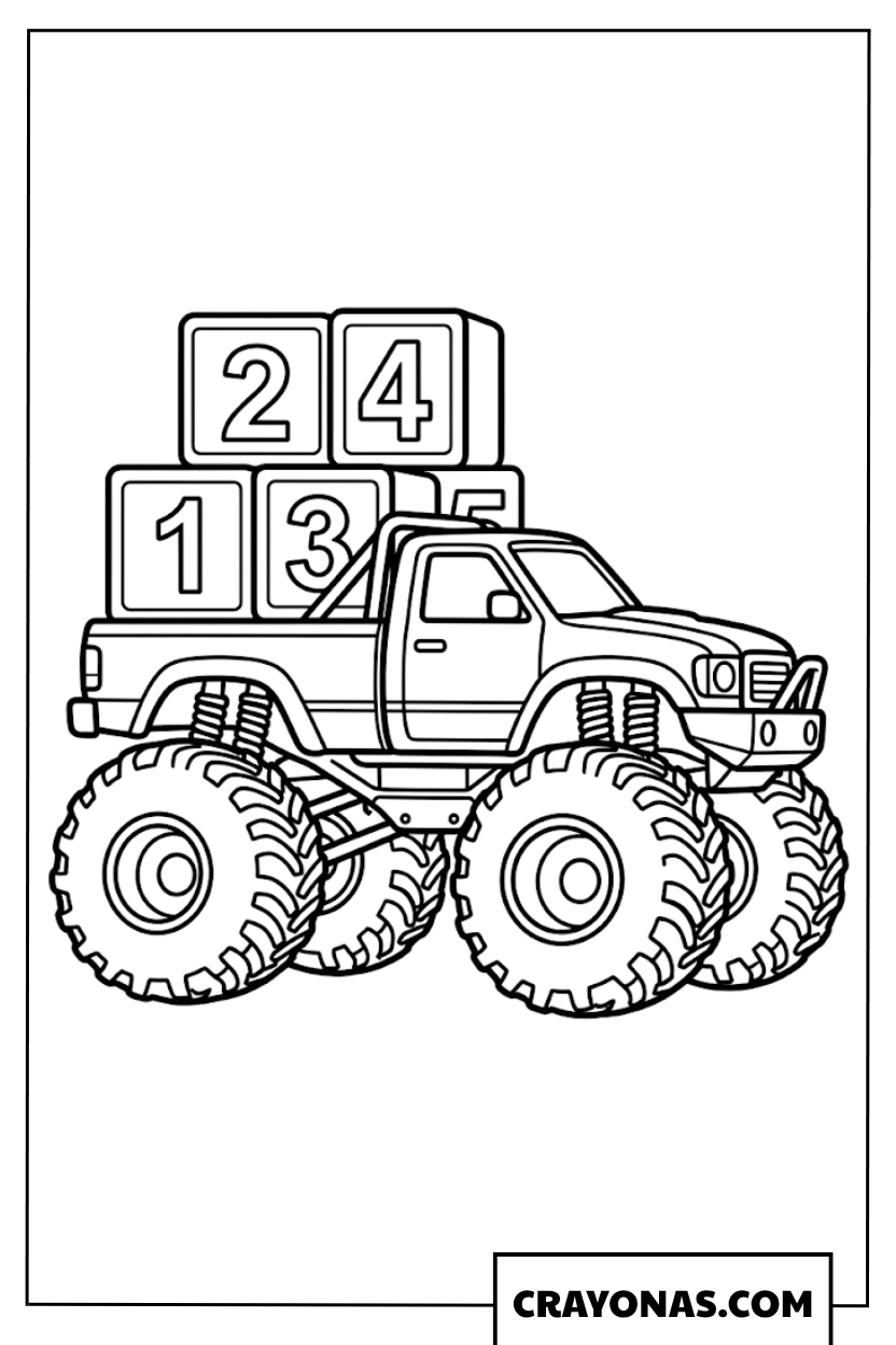 Numbered Toy Blocks Cargo Monster Truck Coloring Page