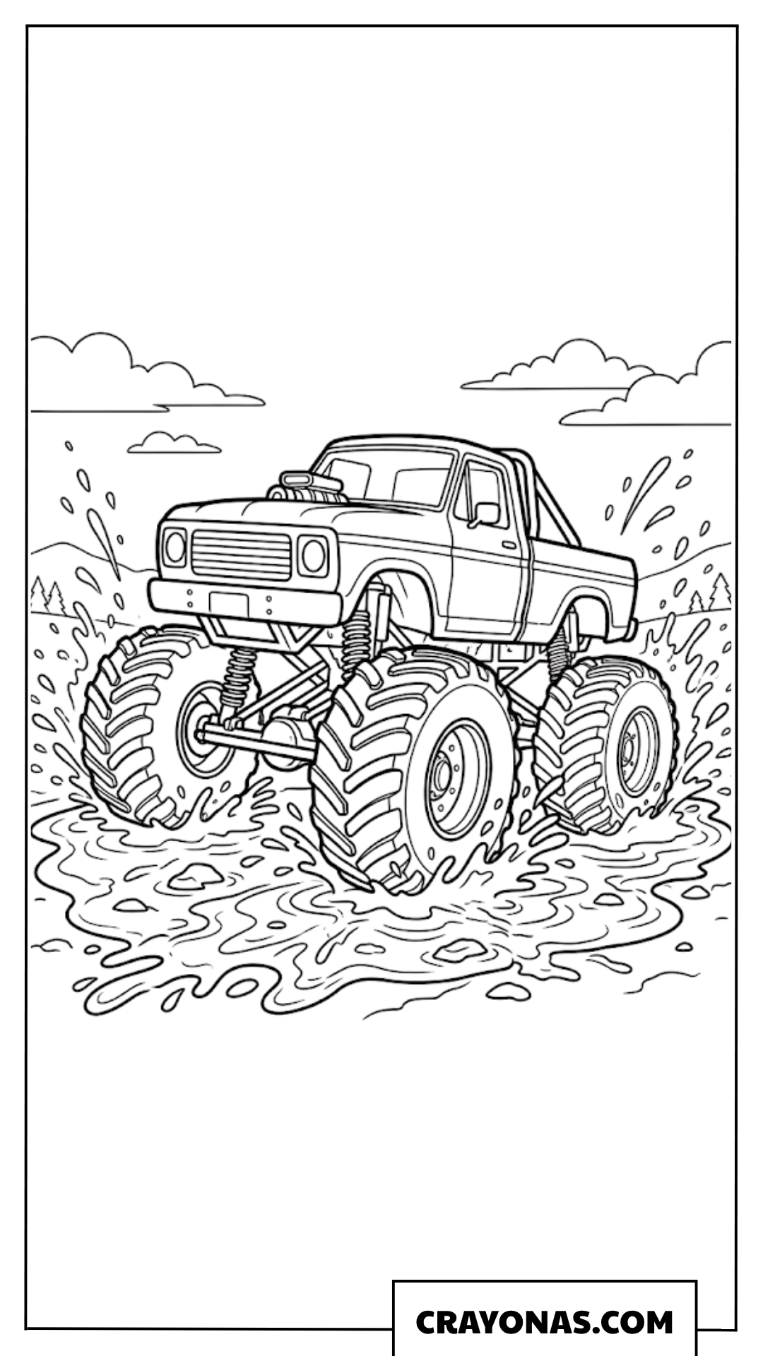 Off Road Monster Truck Splashing Through River Coloring Page
