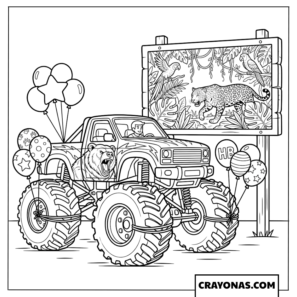 One Year Birthday Trailer Monster Truck Coloring Page