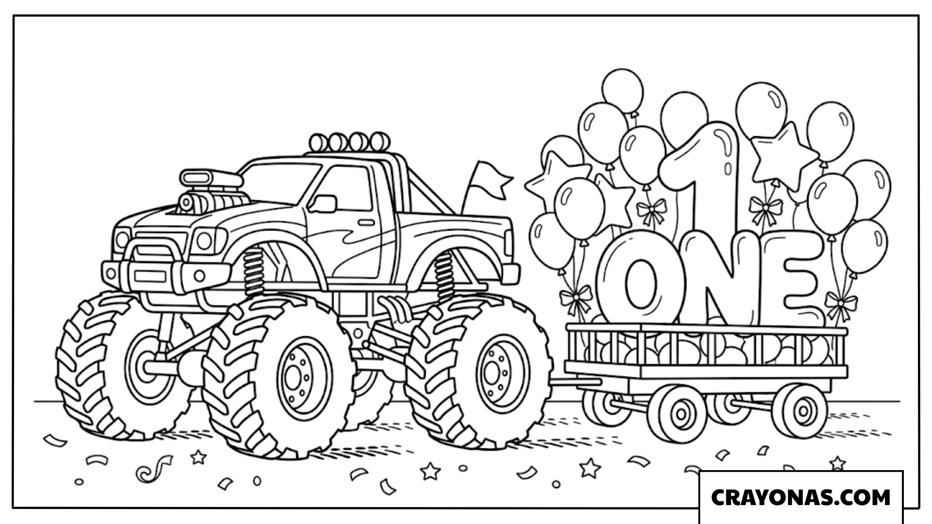 One Year Birthday Trailer Monster Truck Coloring Page