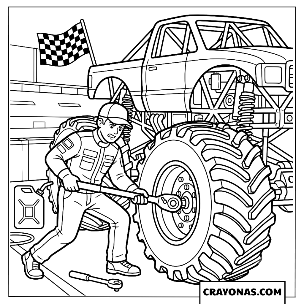 Pit Crew Mechanic Changing Giant Monster Truck Tire Coloring Page