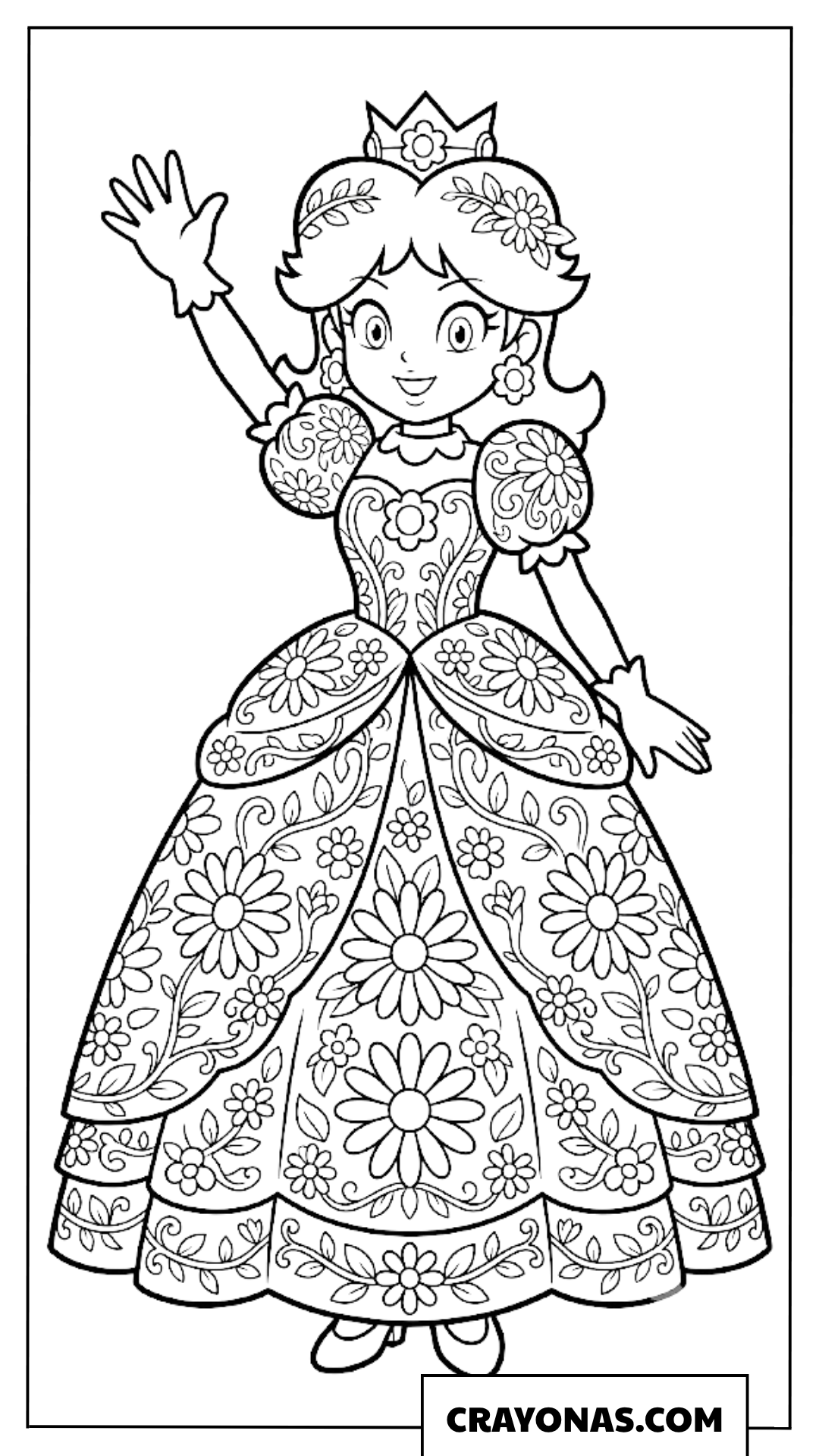 Princess Daisy Waving in Floral Dress Coloring Page