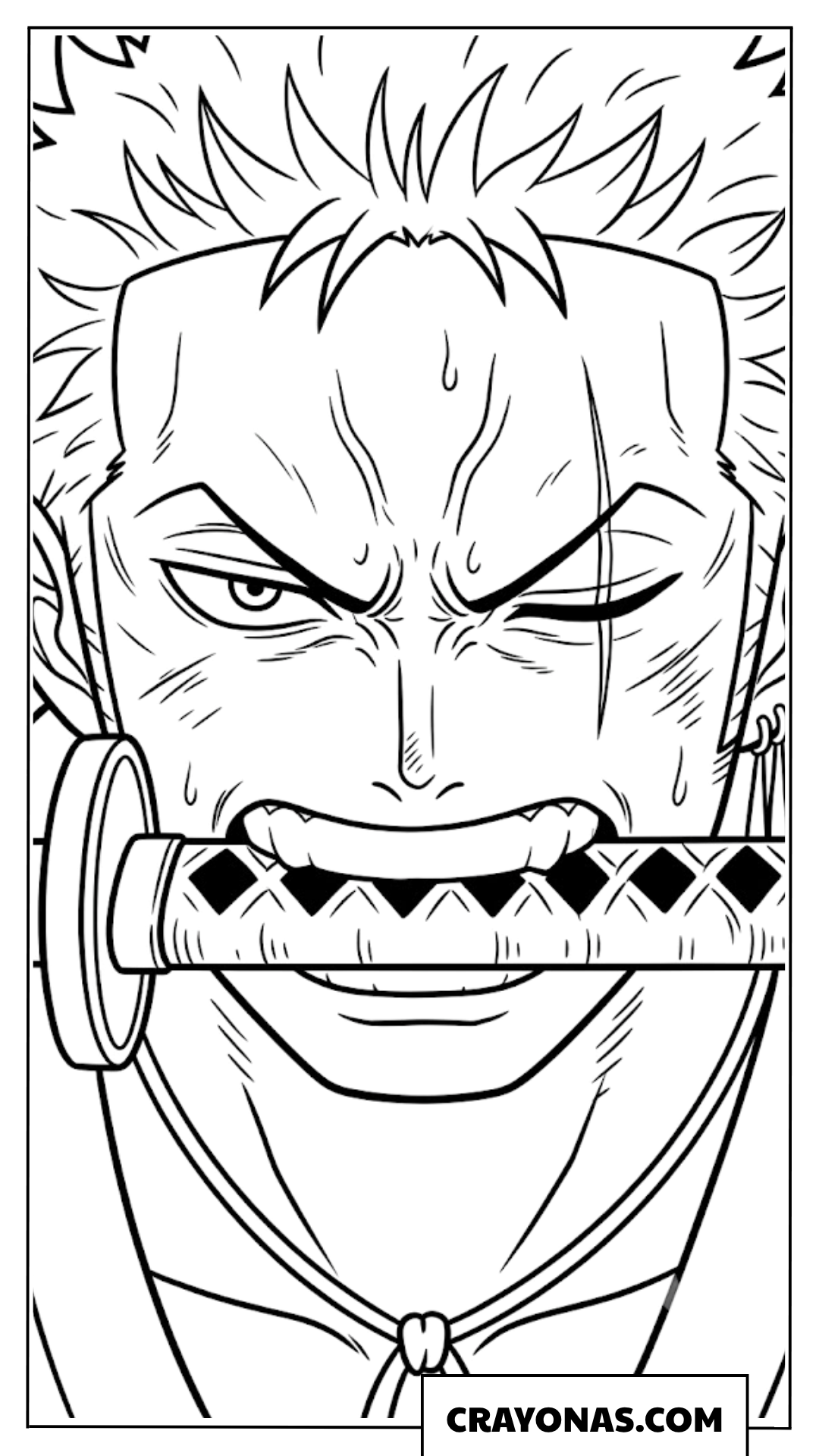 Roronoa Zoro Biting Katana Sword Portrait Coloring Page