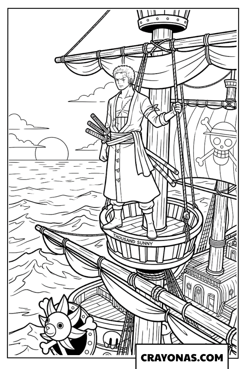 Roronoa Zoro Looking Out from Thousand Sunny Crow Nest Coloring Page