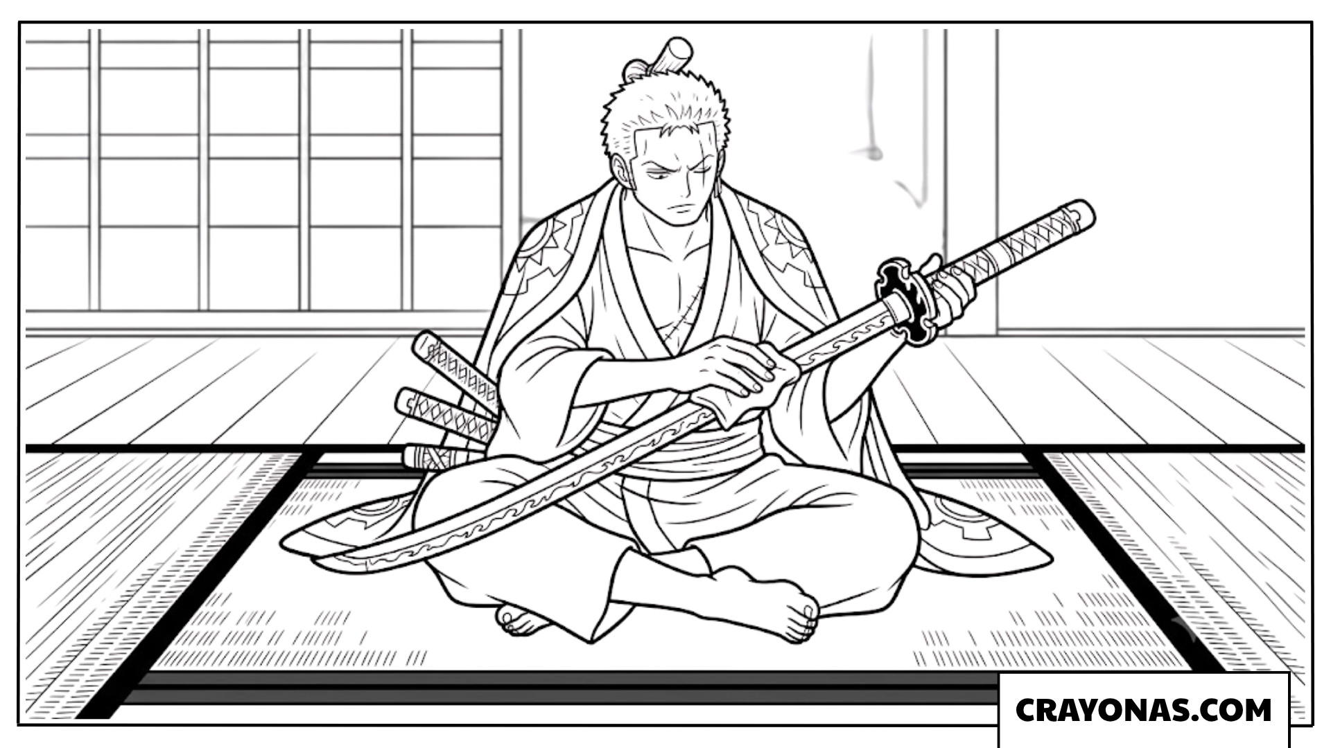 Roronoa Zoro Meditating in Traditional Dojo Room Coloring Page