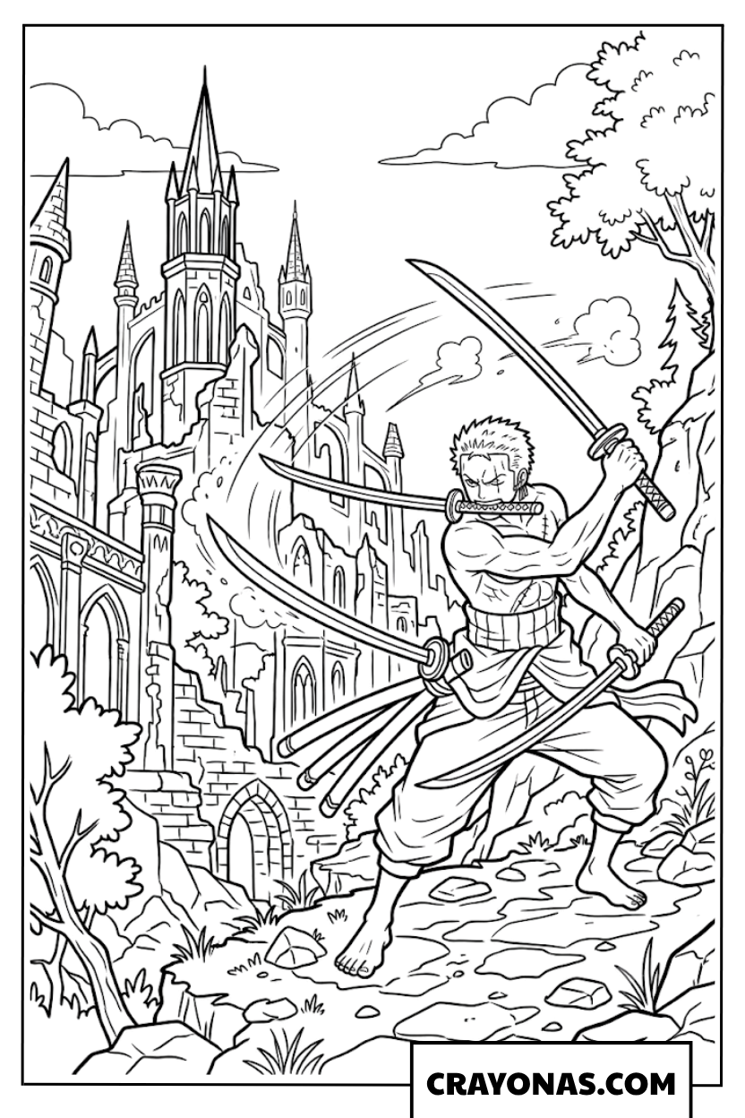 Roronoa Zoro Practicing Three Sword Style Near Kuraigana Castle Coloring Page