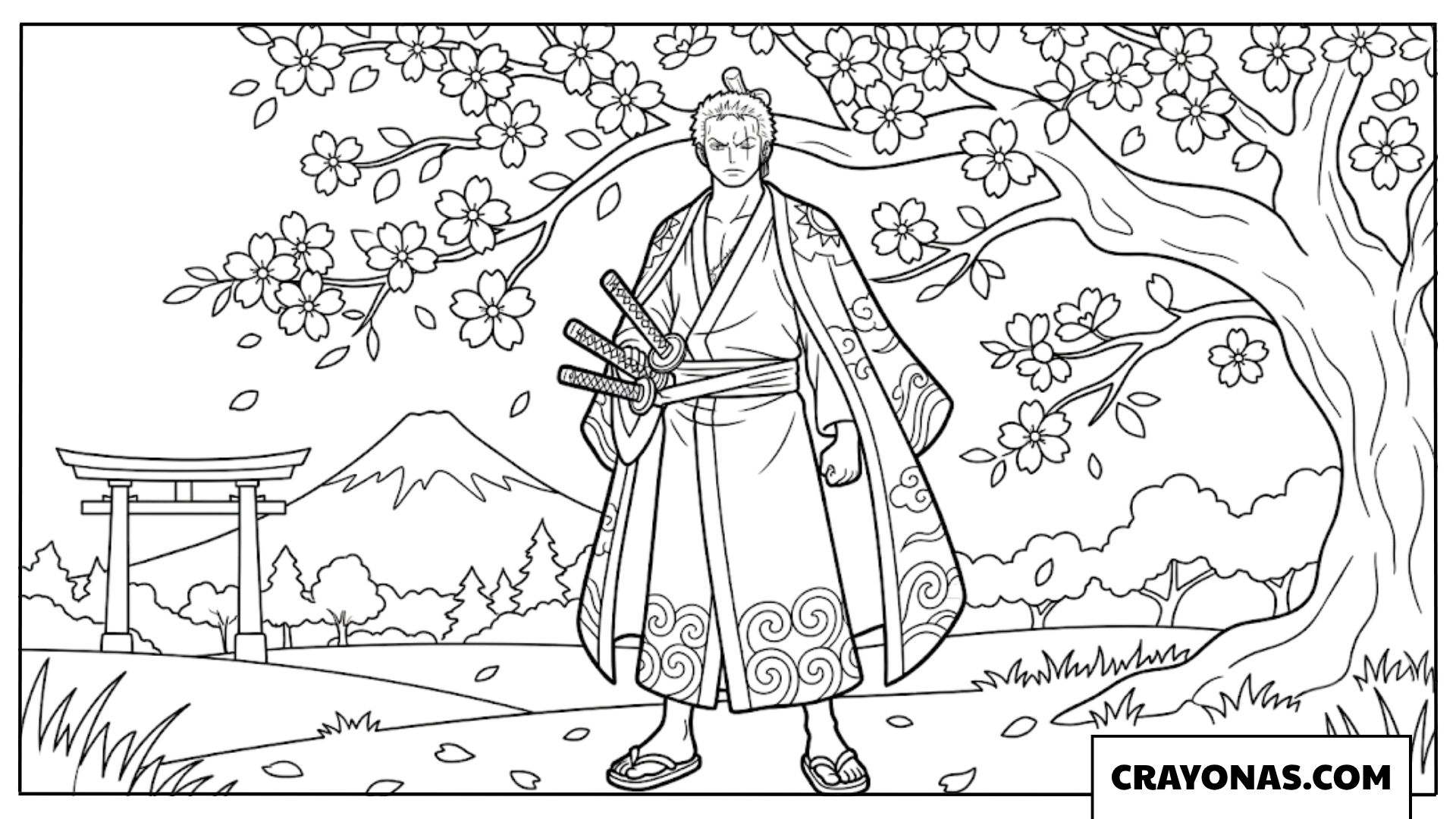 Roronoa Zoro Standing Under Cherry Blossom Tree Coloring Page