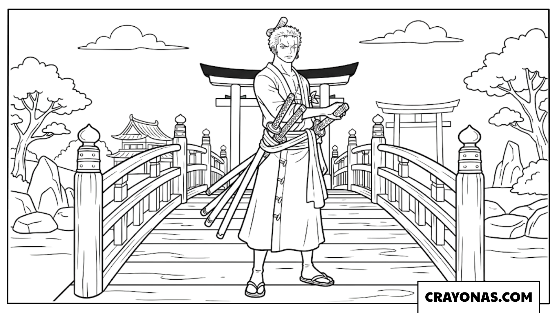 Roronoa Zoro Standing on Wano Stone Bridge Coloring Page