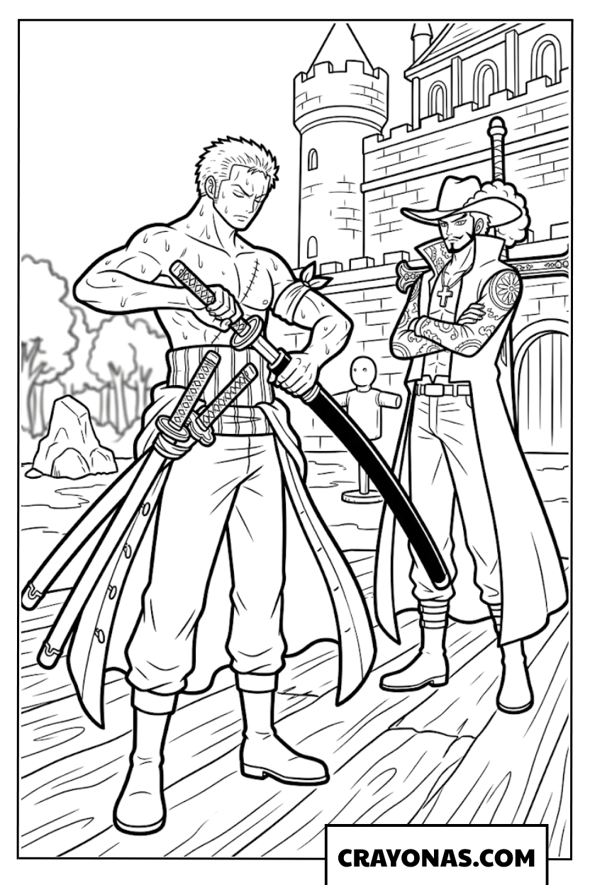 Roronoa Zoro Training Sword with Dracule Mihawk Coloring Page
