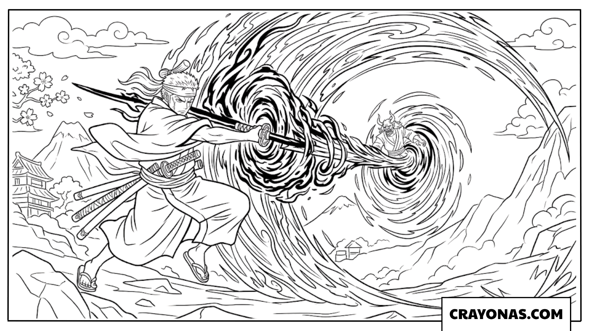 Roronoa Zoro Unleashing Powerful Haki Sword Strike Coloring Page