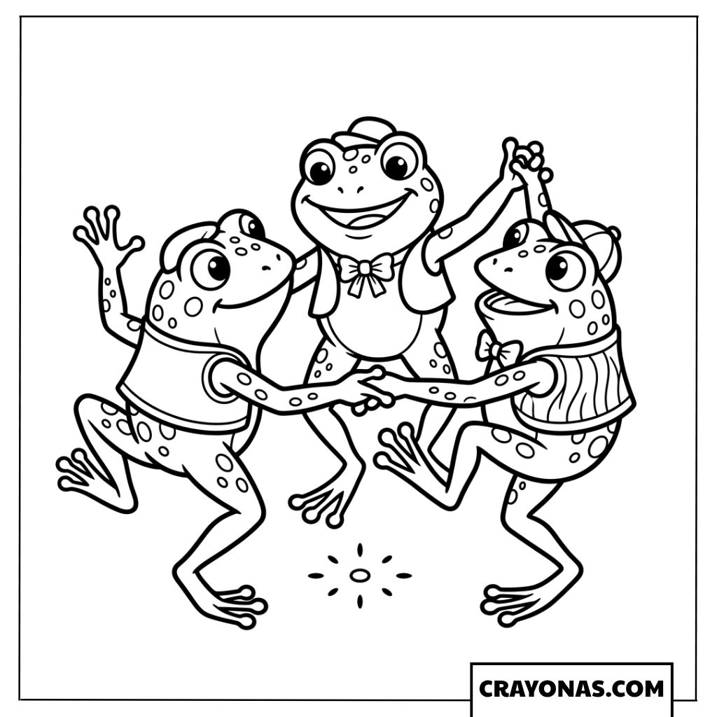 Three Playful Cartoon Frogs Dancing Together Coloring Page
