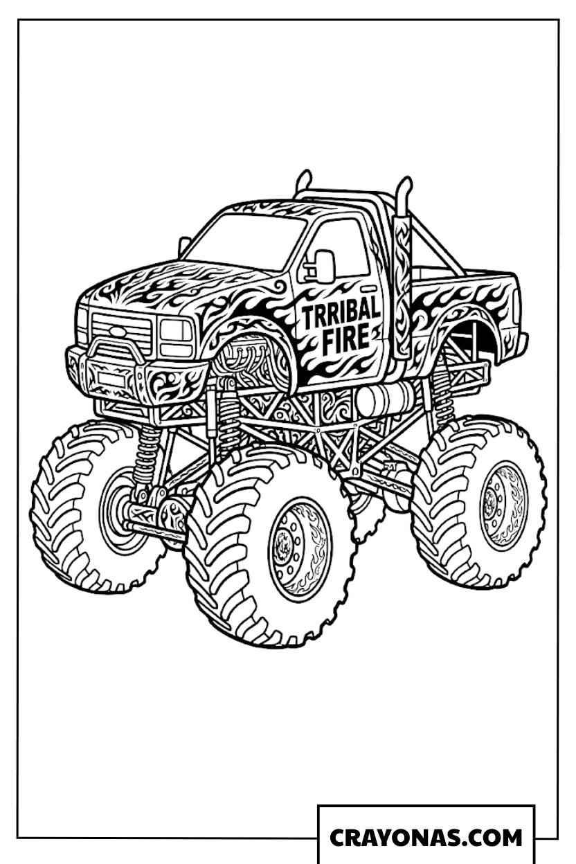 Tribal Fire Intricate Pattern Monster Truck Coloring Page