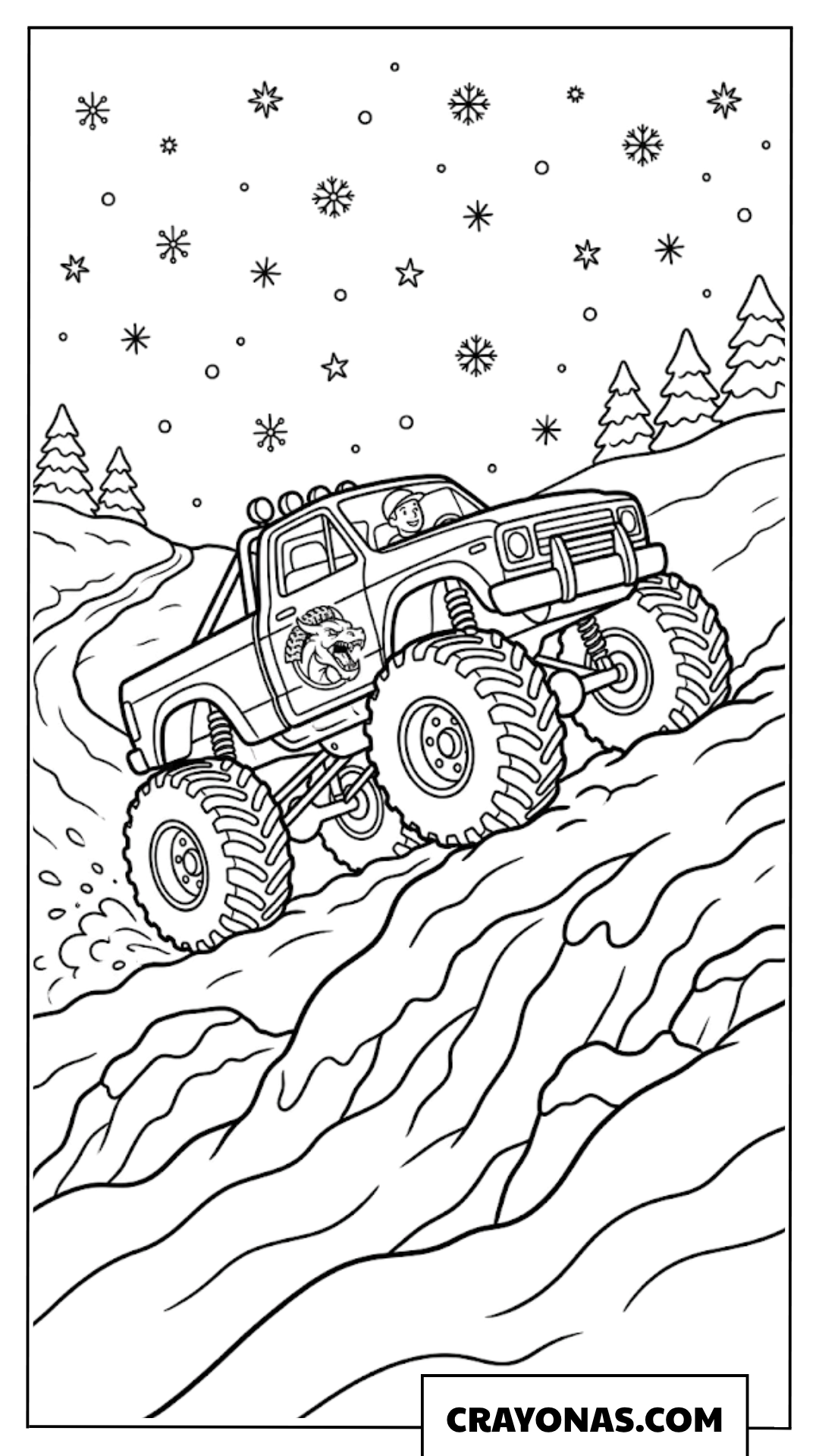Winter Monster Truck Climbing Snowy Mountain Coloring Page