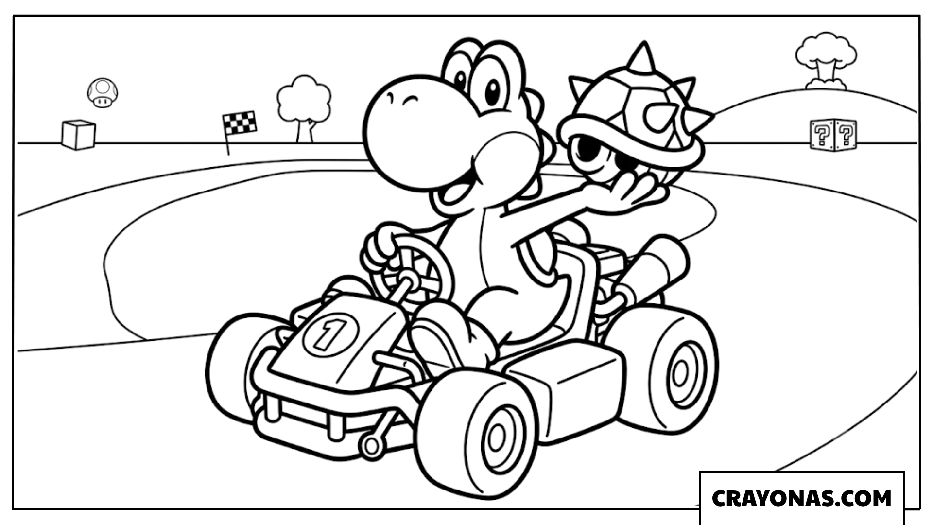 Yoshi Driving Kart Holding Spiky Shell Coloring Page