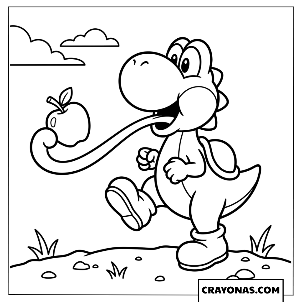 Yoshi Stretching Tongue To Eat Apple Coloring Page