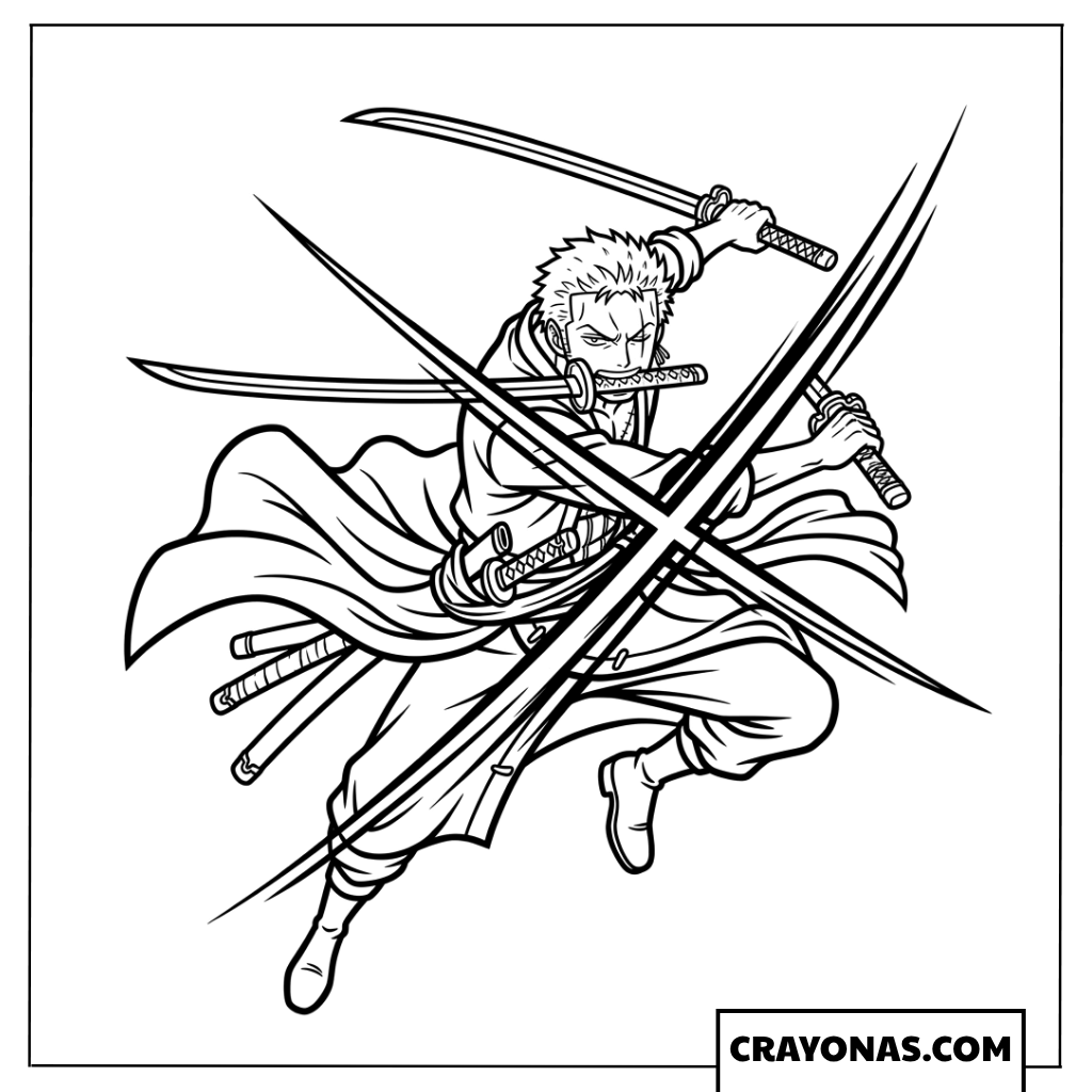 Zoro Flying Three Sword Attack Coloring Page