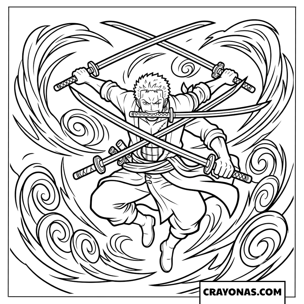 Zoro Swirling Wind Strike Coloring Page