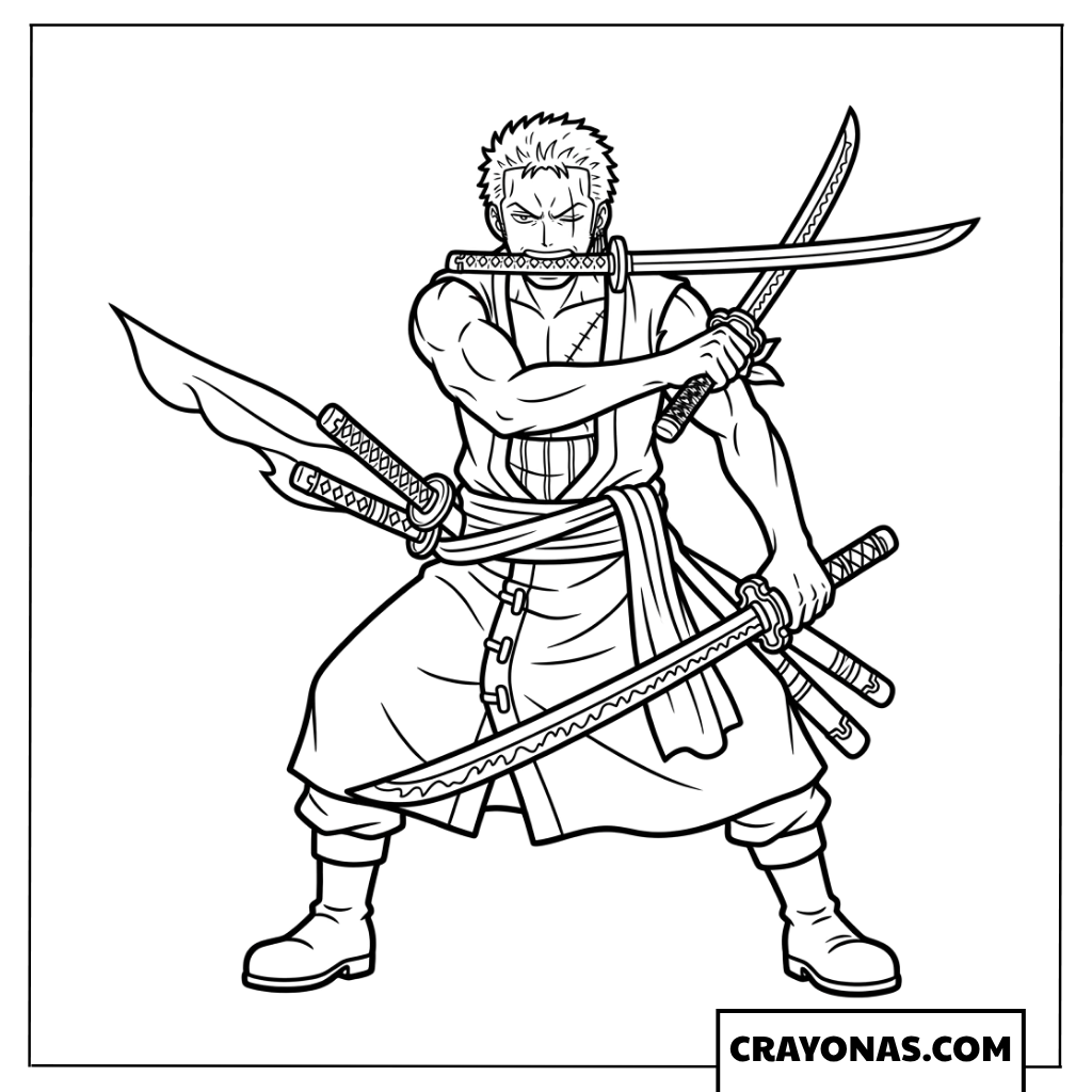 Zoro Three Sword Battle Stance Coloring Page