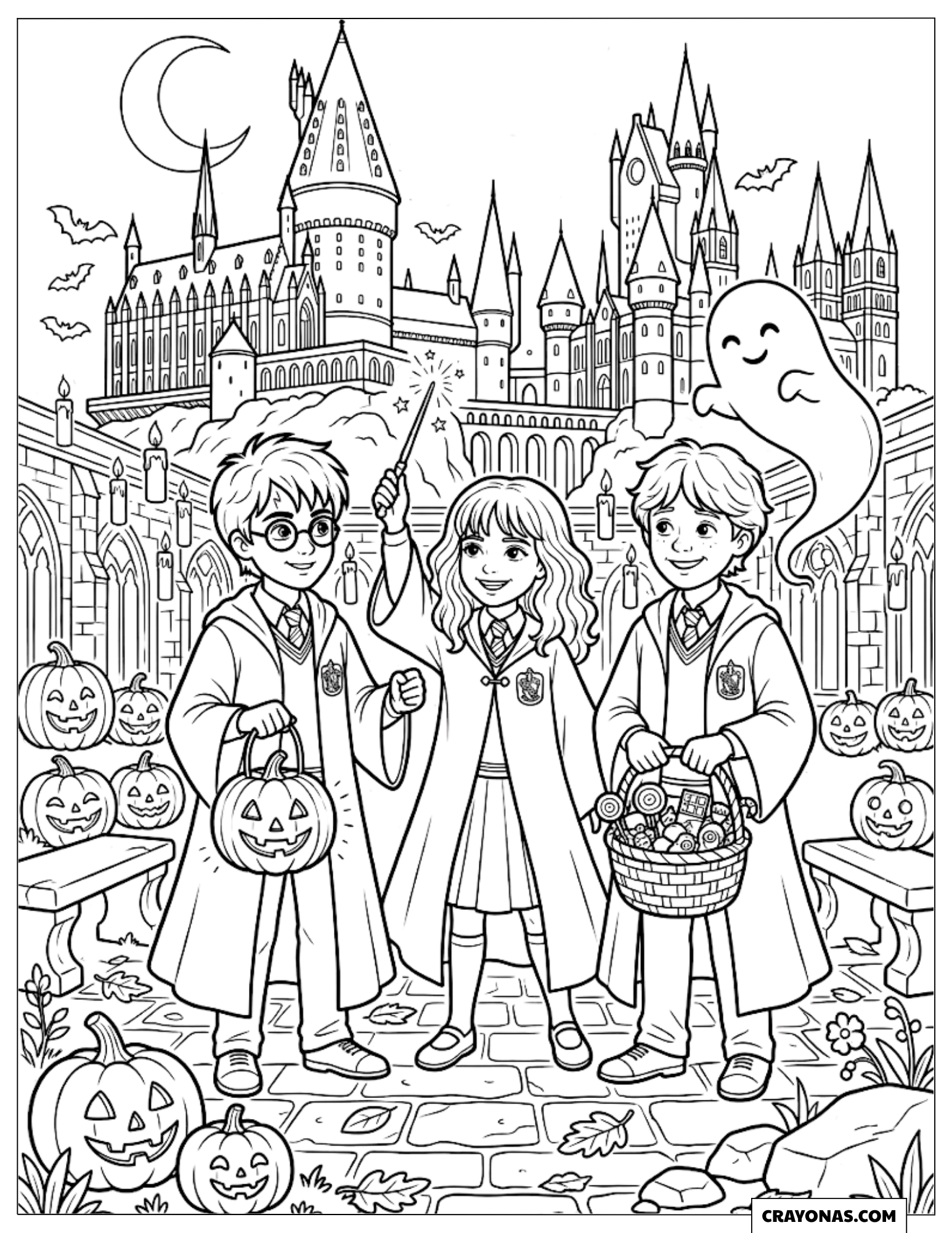 Harry, Hermione and Ron Halloween Coloring Sheet at Hogwarts