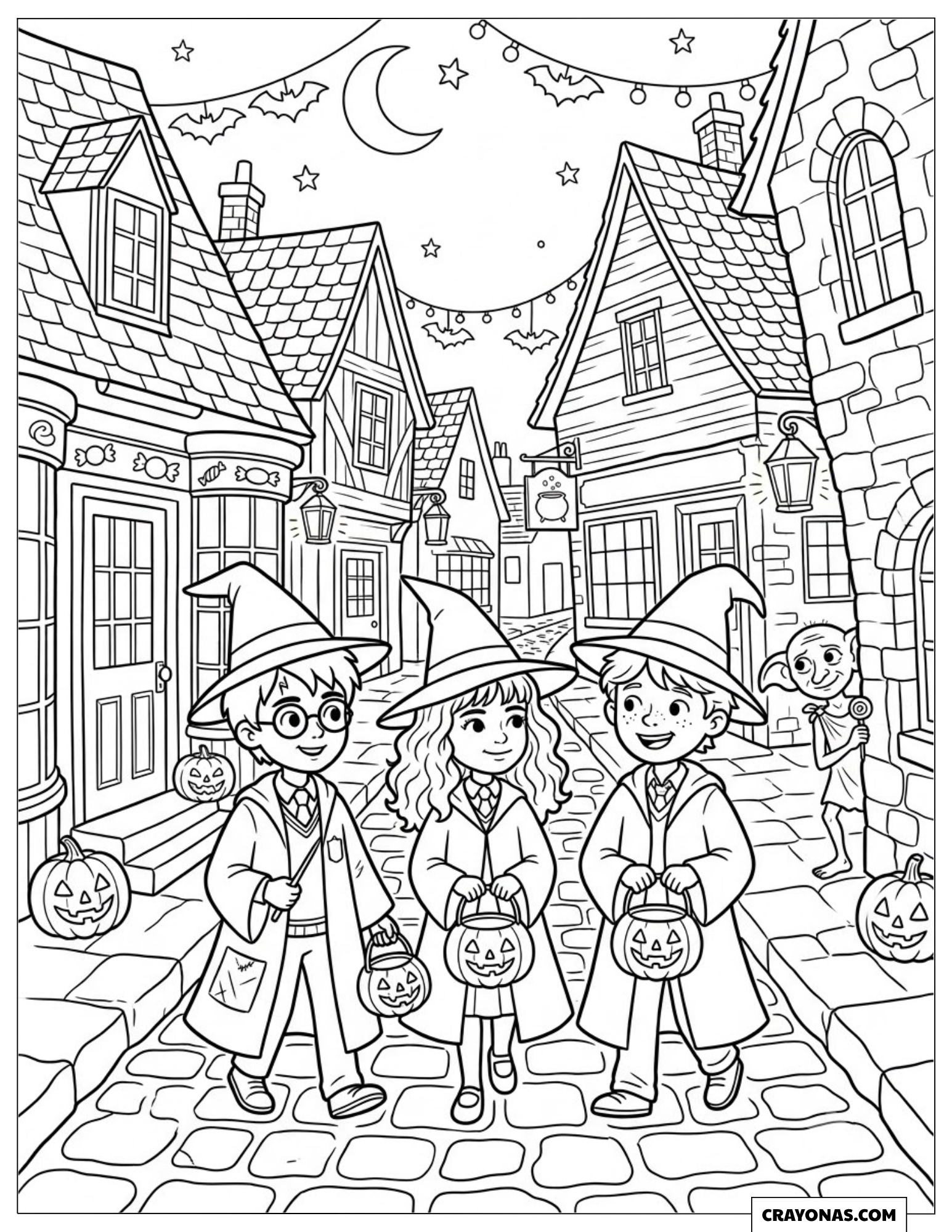 Harry, Hermione and Ron Hogsmeade Halloween Coloring Page