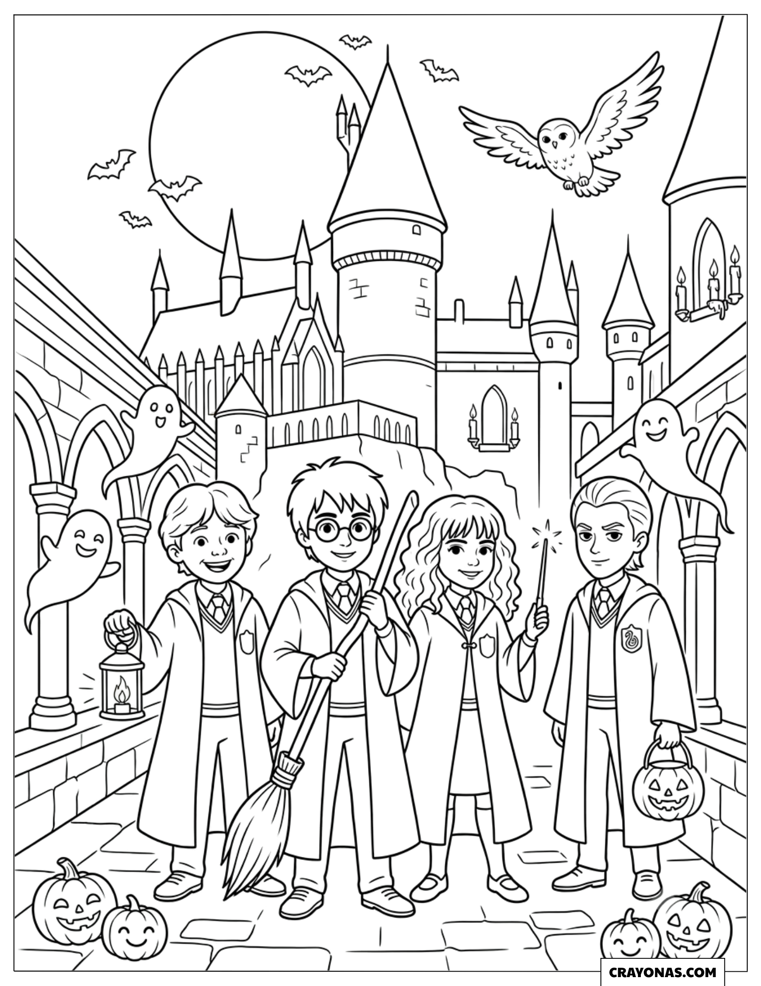 Harry, Ron, Hermione and Draco Malfoy Halloween Coloring Page
