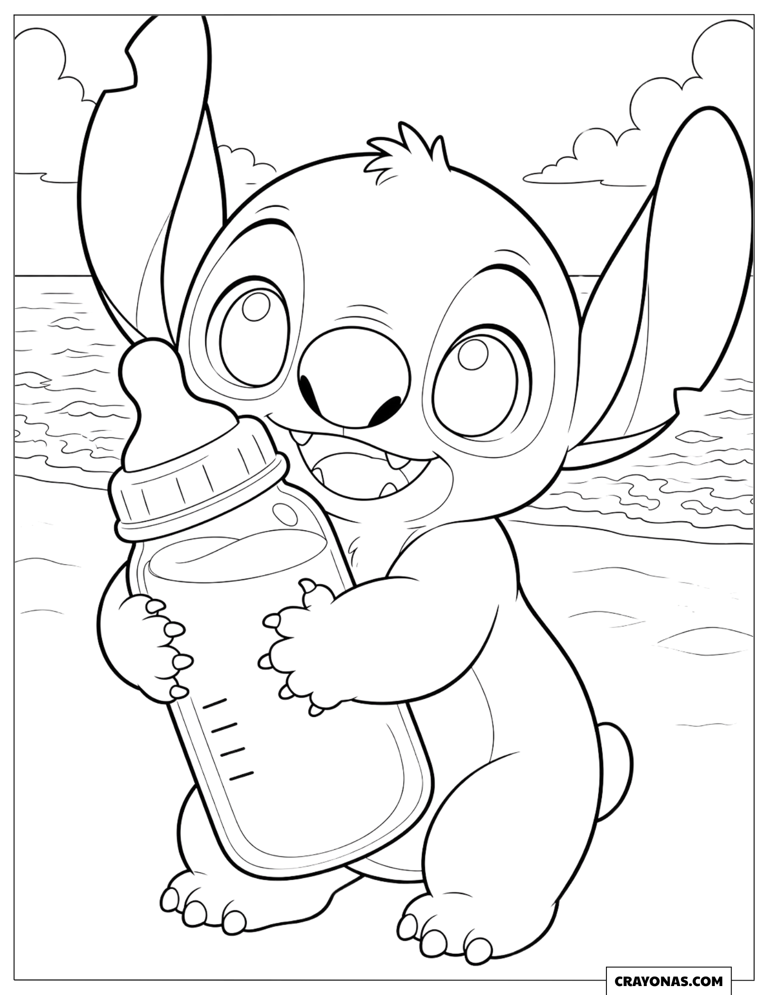 Baby Stitch Hugging Giant Baby Bottle to Color