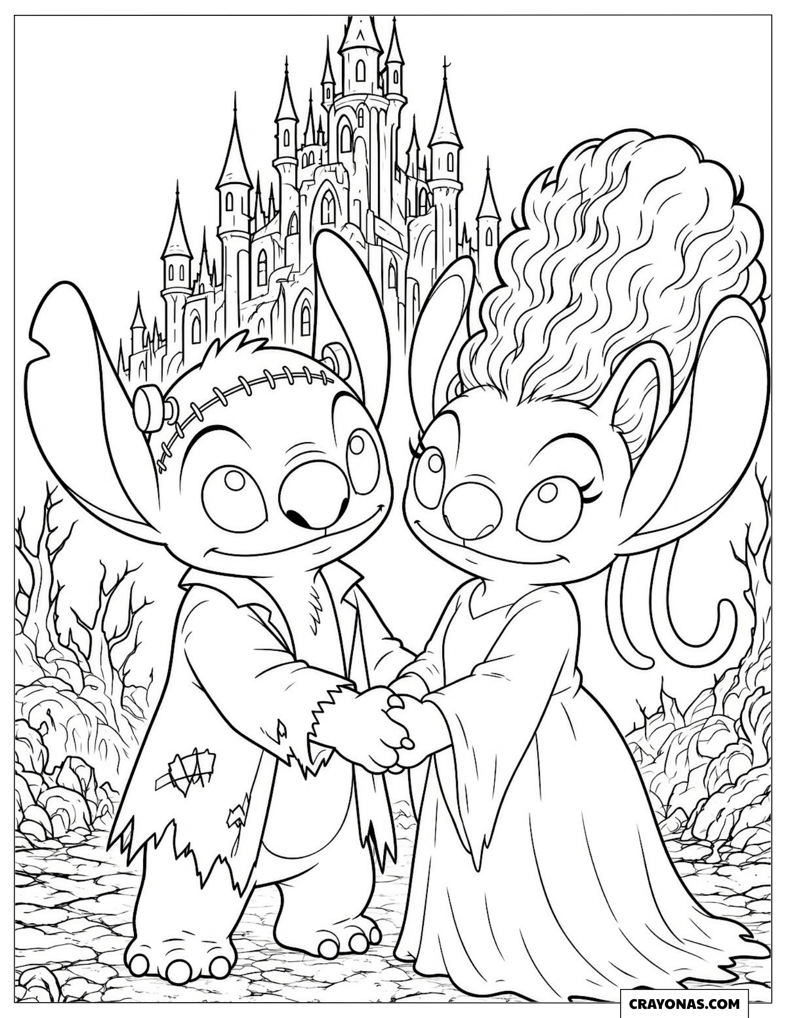 Frankenstein Stitch and Angel Coloring Sheet for Kids
