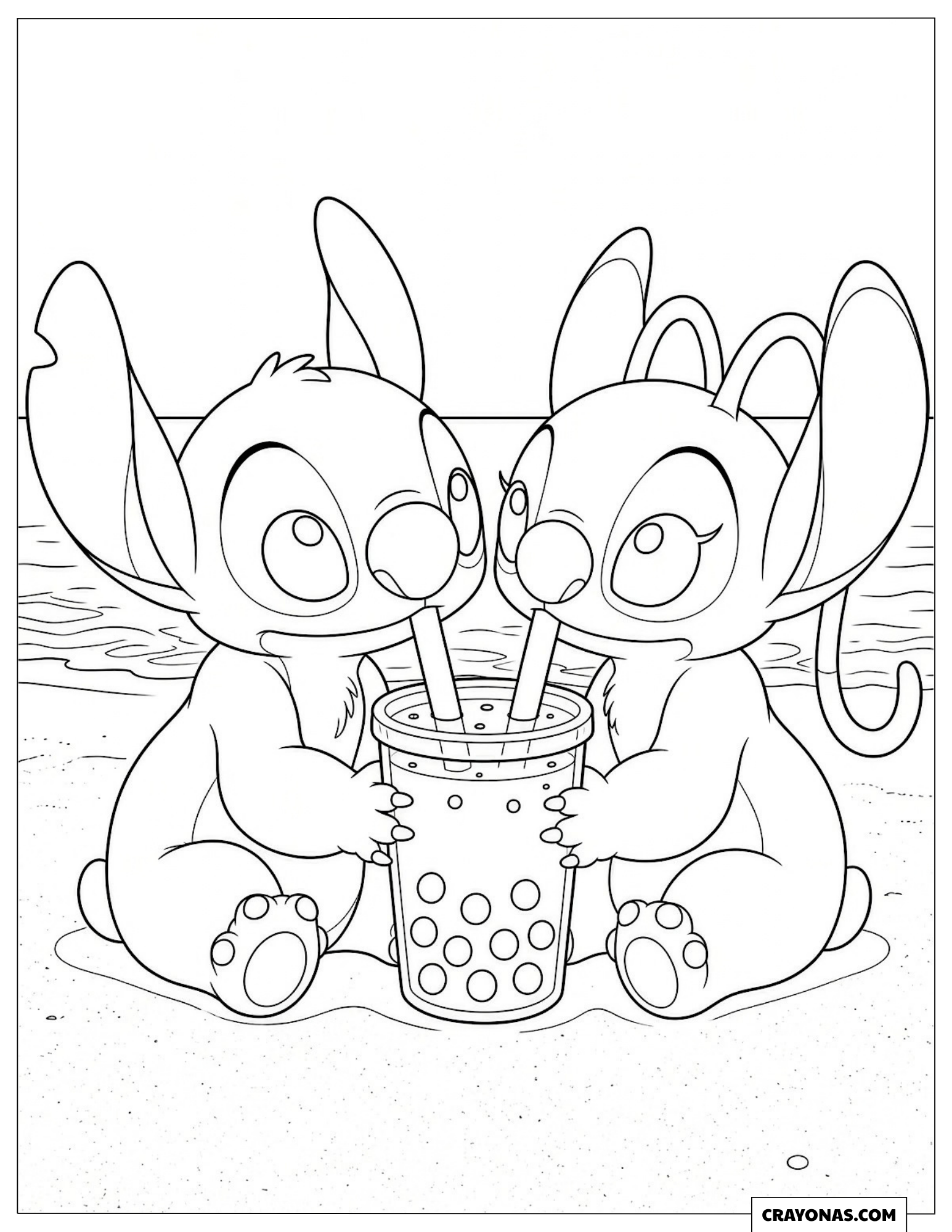 Stitch and Angel Drinking Boba Coloring Page