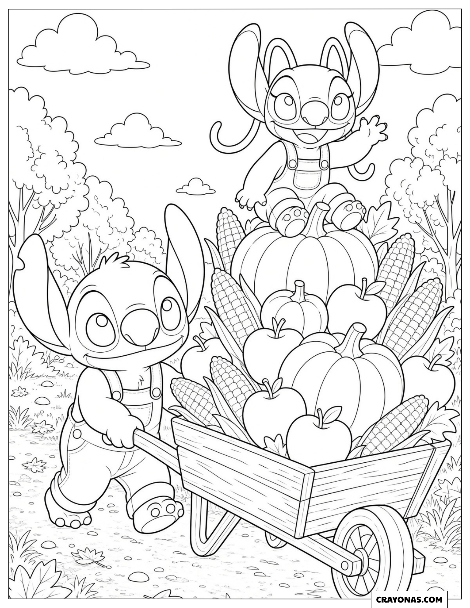 Stitch and Angel Harvesting Autumn Crops Coloring Page