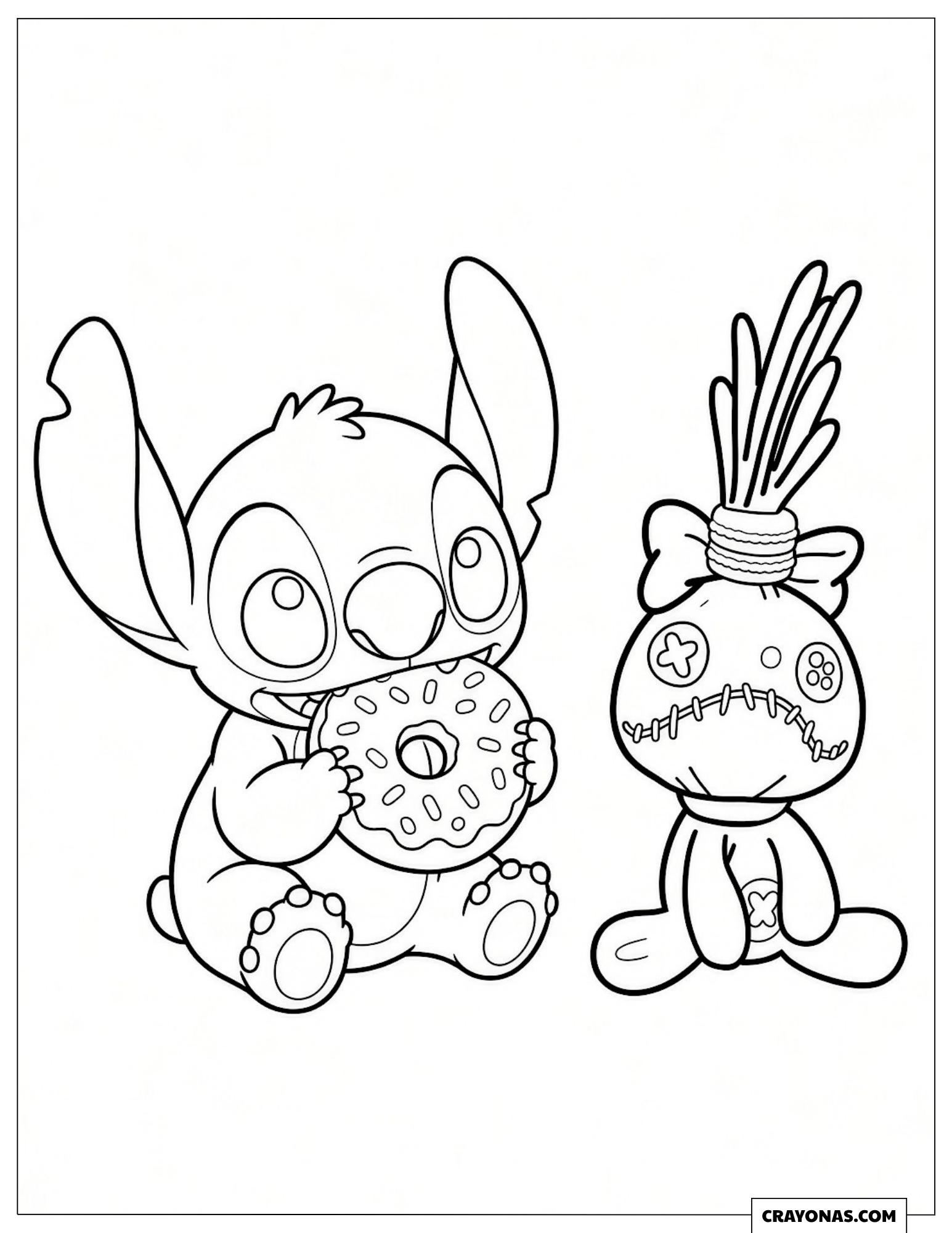 Stitch Eating a Donut with Scrump to Color