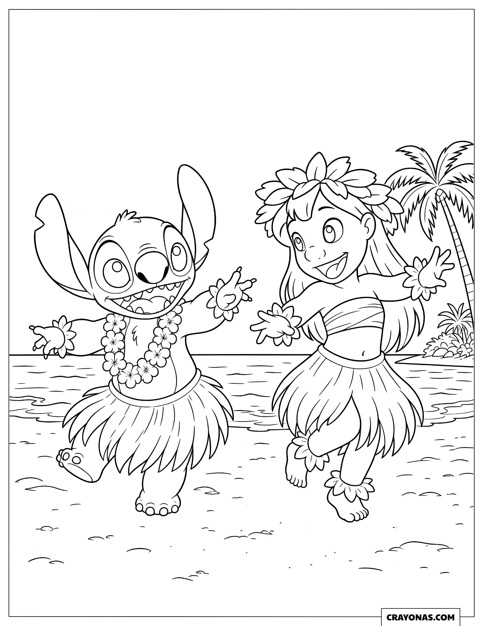 Stitch in a Grass Skirt Hula Dancing with Lilo to Color
