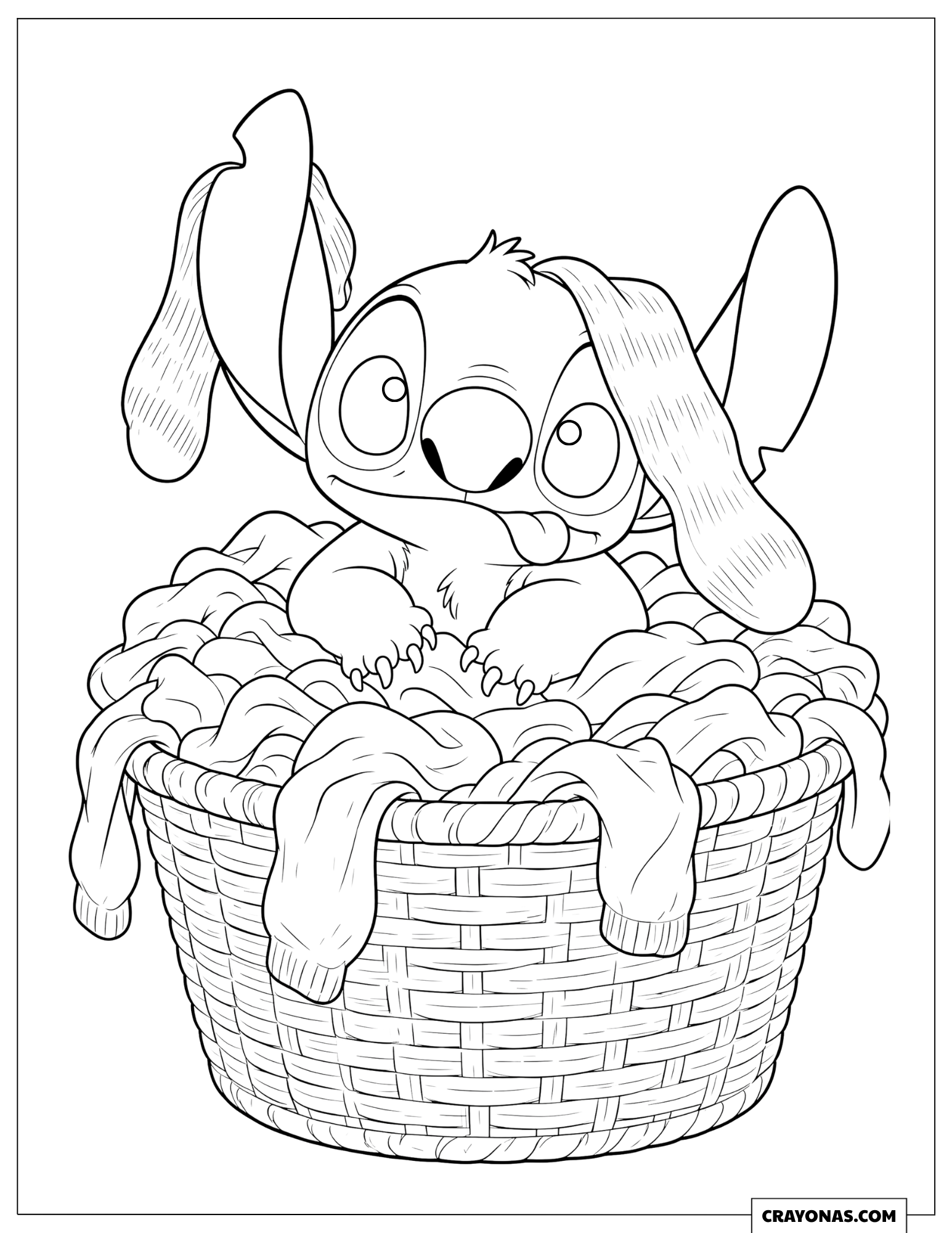 Stitch Playing in Laundry Basket Coloring Sheet