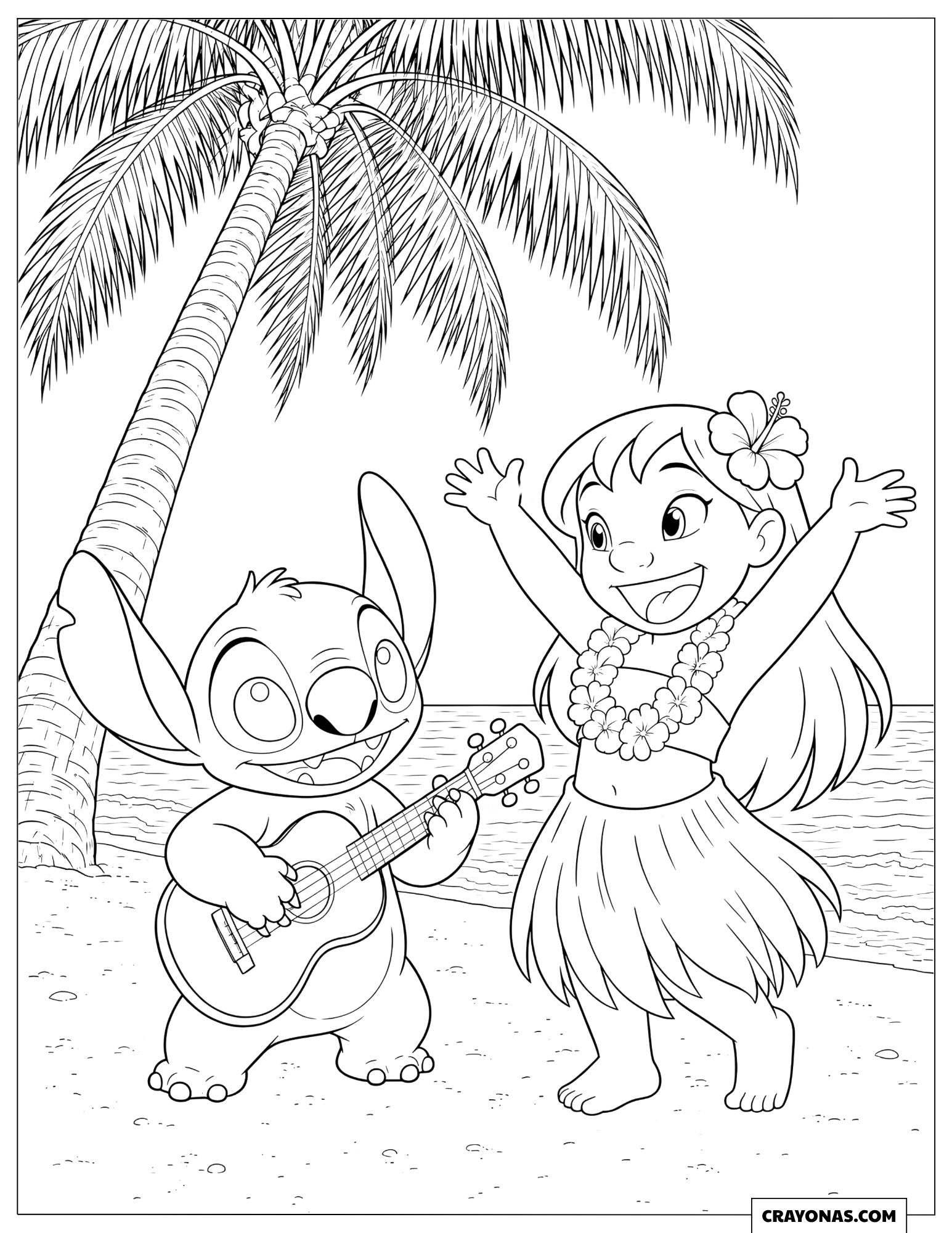 Stitch Playing Ukulele While Lilo Dances Hula Coloring Sheet